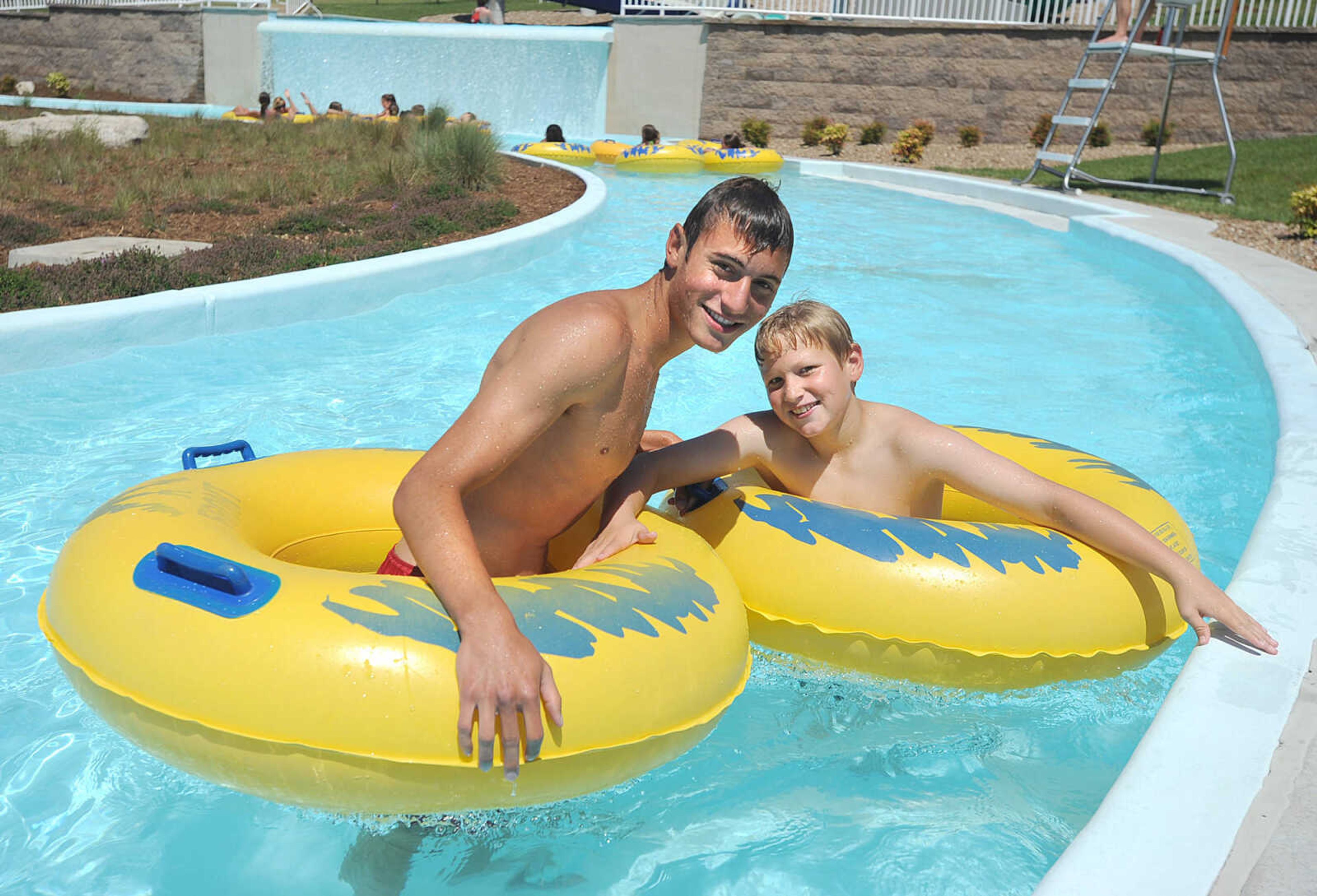 LAURA SIMON ~ lsimon@semissourian.com
Pablo Jaramillo and Tanner Herbst pause for a photo in the lazy river Tuesday, May 29, 2012 at Cape Splash.