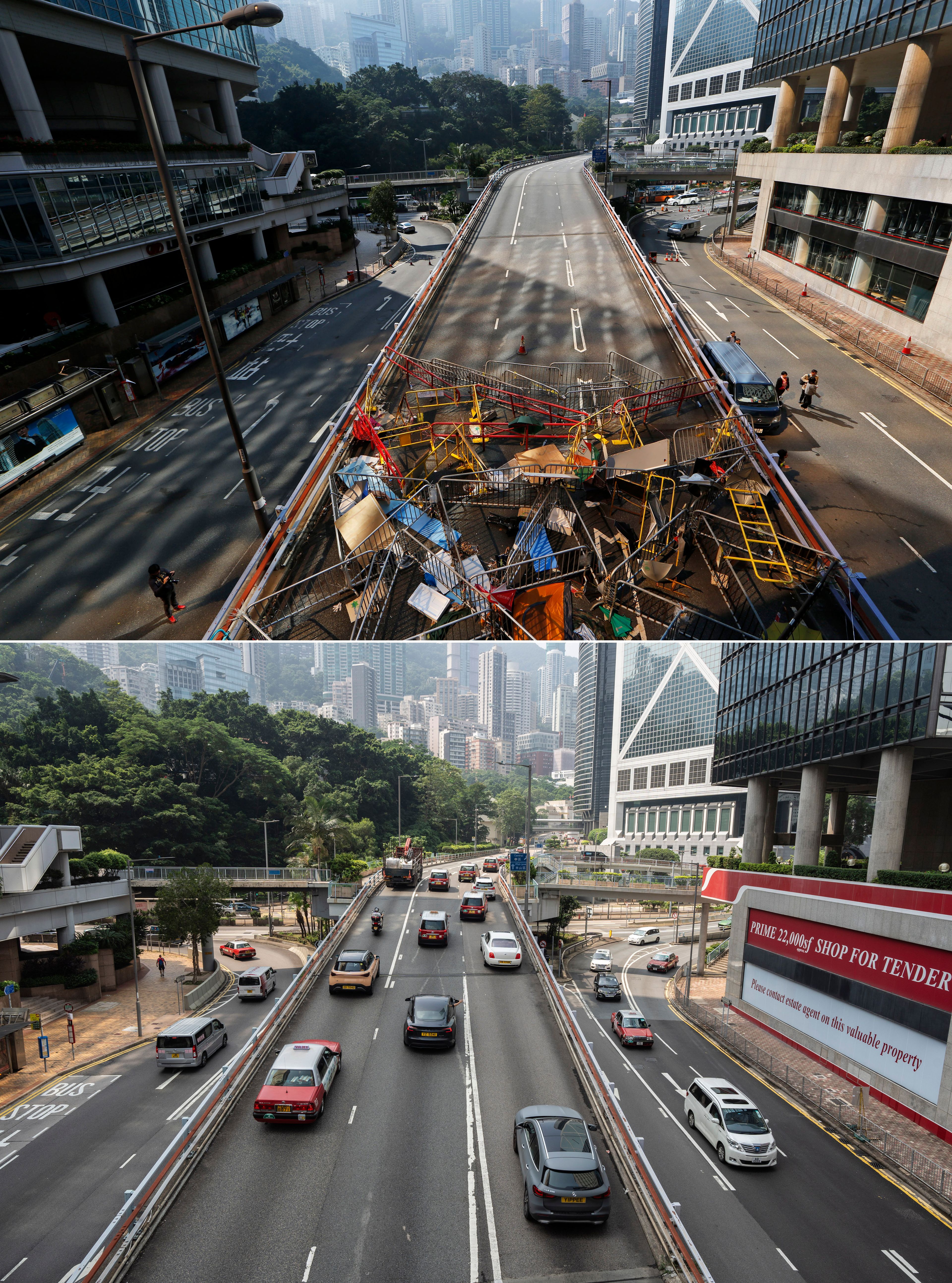 This combination image made from two photos shows barricades set up by pro-democracy protester on a main road at the occupied area outside government headquarters in Hong Kong Tuesday, Dec. 9, 2014, top, and the same area on Saturday, Sept. 28, 2024. (AP Photo/Kin Cheung, Chan Long Hei)