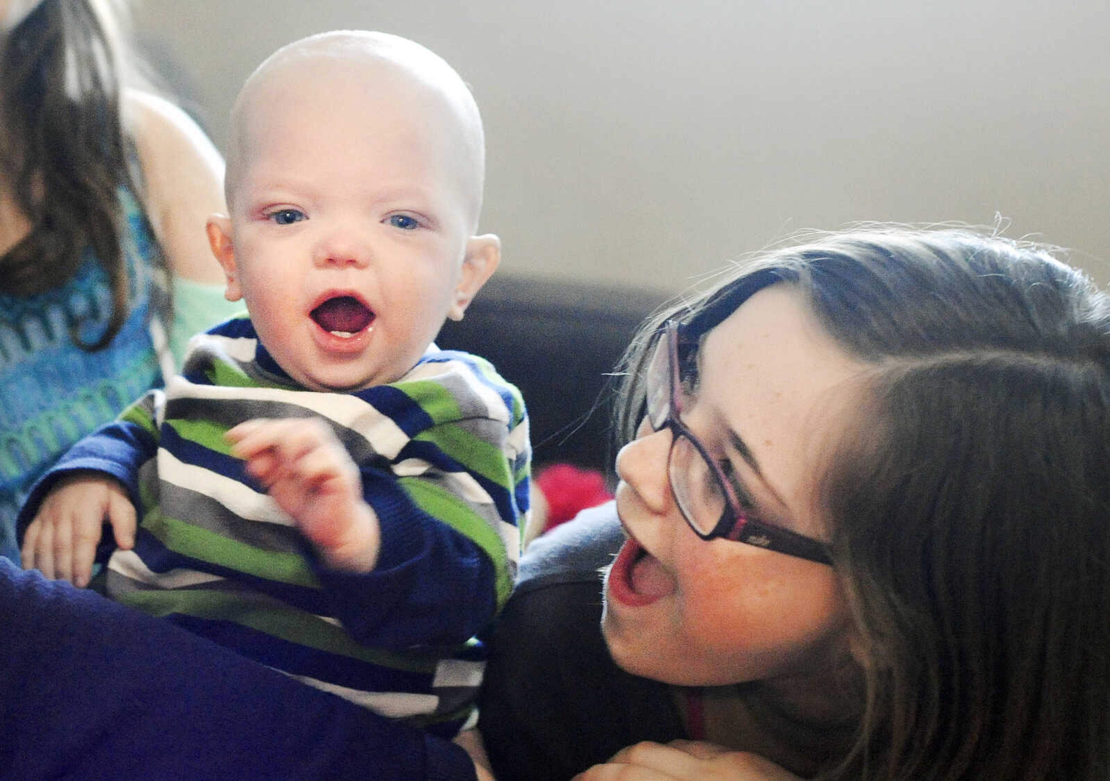 LAURA SIMON ~ lsimon@semissourian.com

Natalie Popp, 11, plays with her eighteen-month-old Chance inside their apartment at the Ronald McDonald House in St. Louis Tuesday morning, April 4, 2016. Chance was born with Noonan syndrome, and diagnosed with juvenile myelomonocytic leukemia. His sister Layla was a perfect match to be Chance's bone-marrow donor for a transplant. The transplant helped baby Chance beat leukemia.