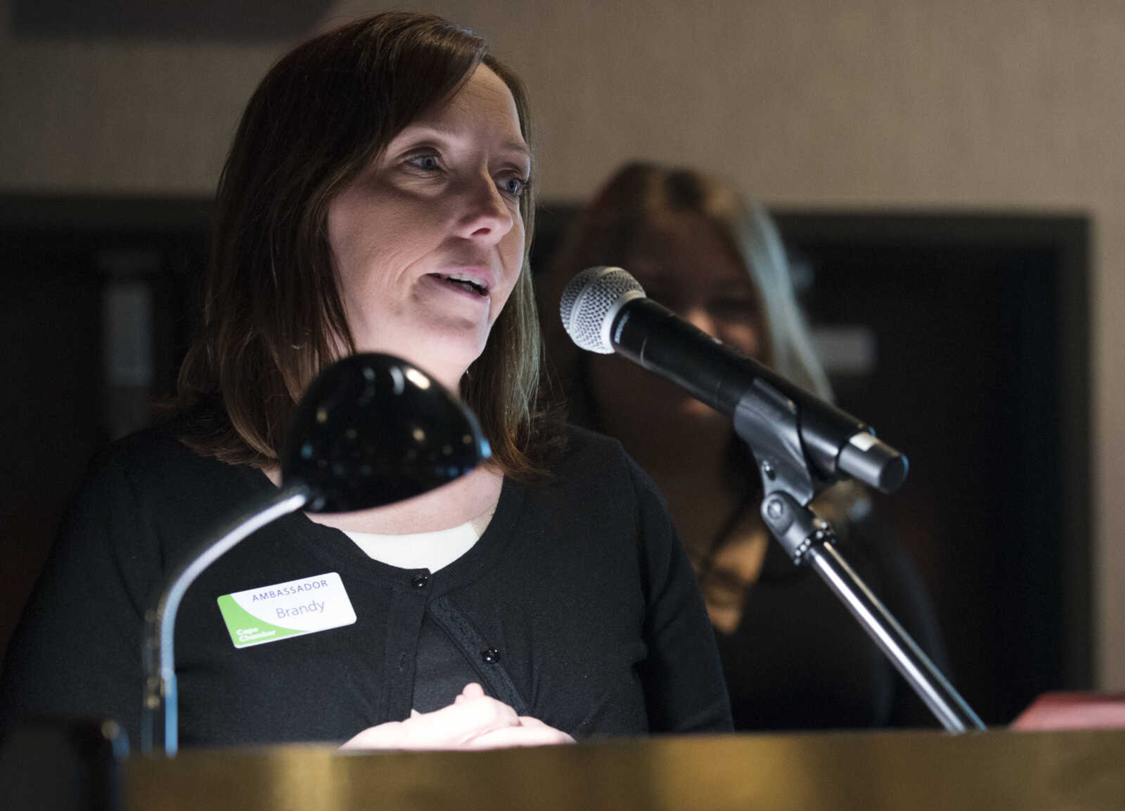 Ambassador of the Year award recipient Brandy McIntire gives a speech at the Cape Girardeau Area Chamber of Commerce's annual dinner held Jan. 26, 2018, at the Drury Plaza Conference Center in Cape Girardeau.