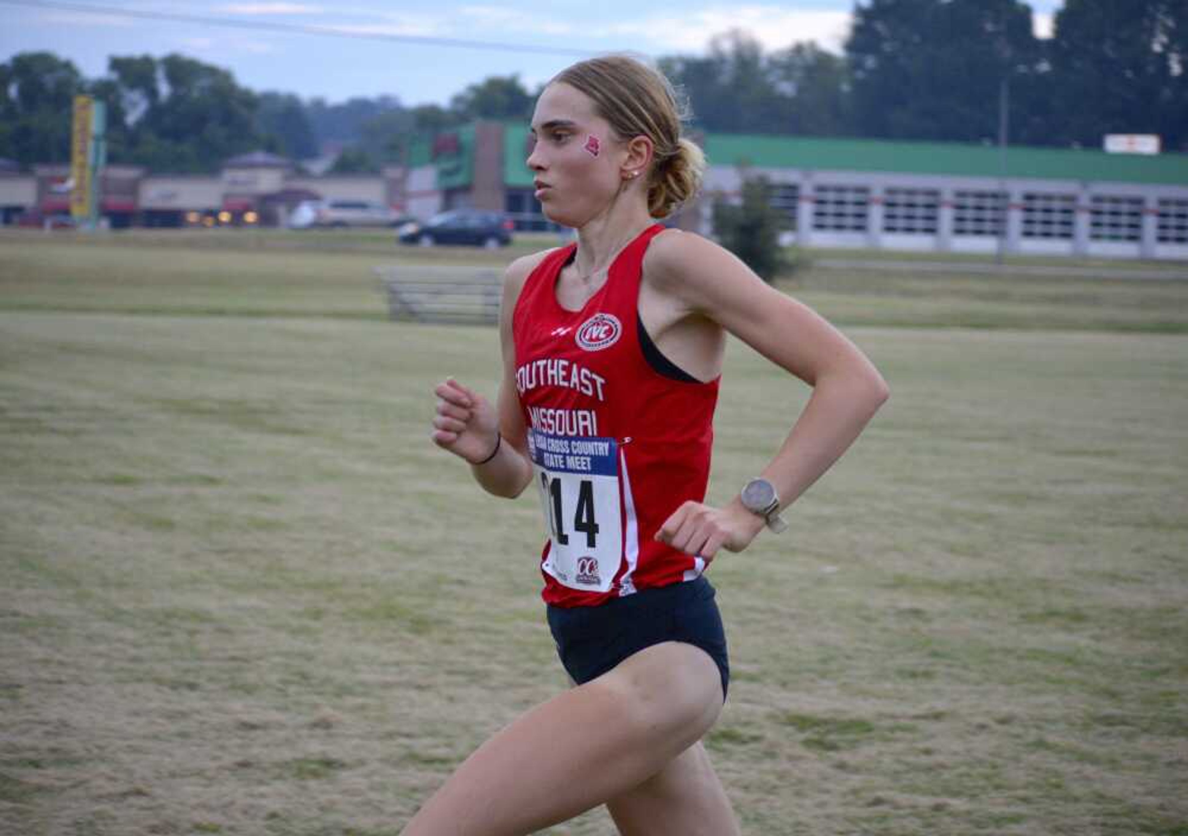 Southeast Missouri State sophomore Nova Ojutkangas finishes in first place at the Redhawk Invite on Aug. 30 at the Osage Centre in Cape Girardeau