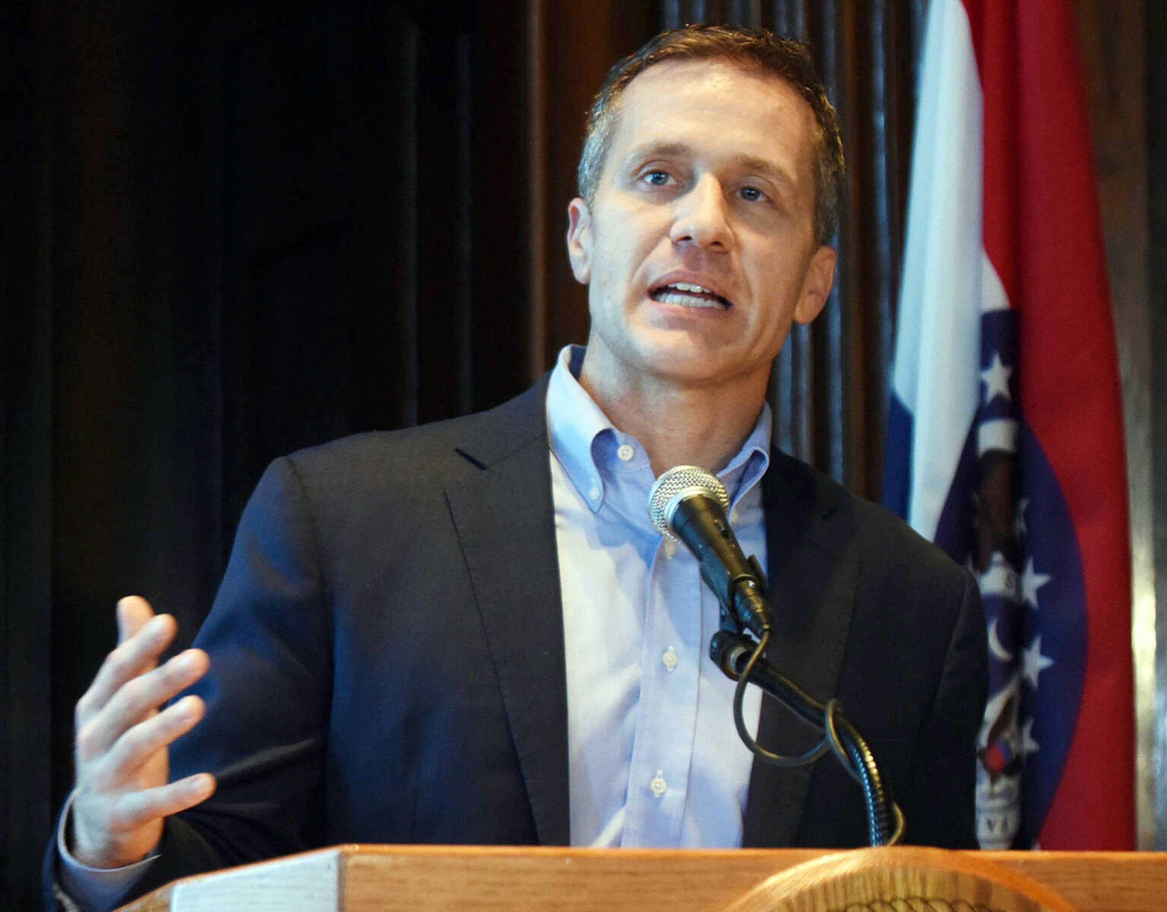 Gov. Eric Greitens speaks Wednesday at a news conference about allegations related to his extramarital affair with his hairdresser, in Jefferson City, Missouri.