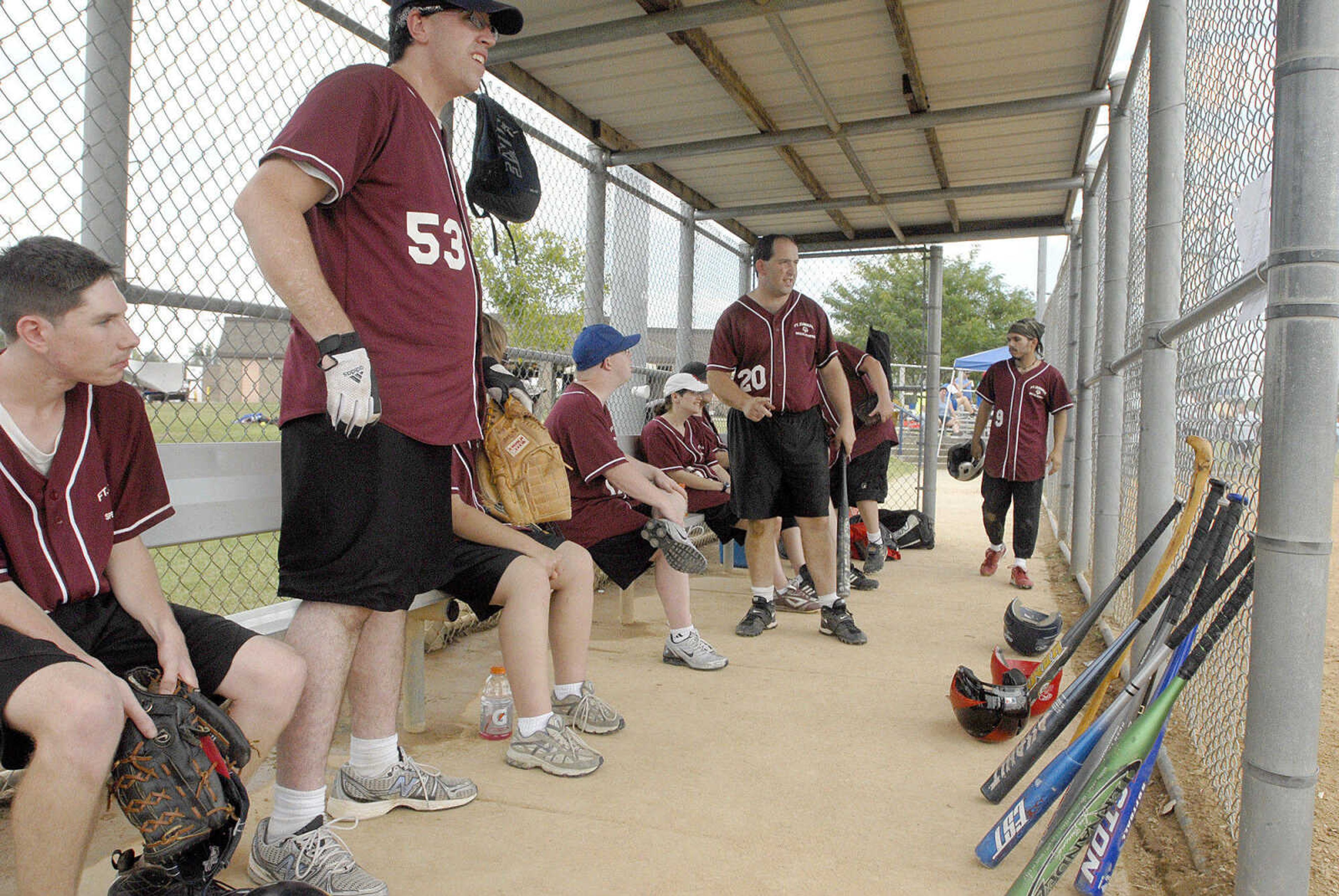 LAURA SIMON ~ lsimon@semissourian.com
Fort Zumwalt players watch their teammate take a turn at bat against St. joe Saturday, August 13, 2011 during the Special Olympics State Outdoor Championship at Shawnee Sports Complex in Cape Girardeau.