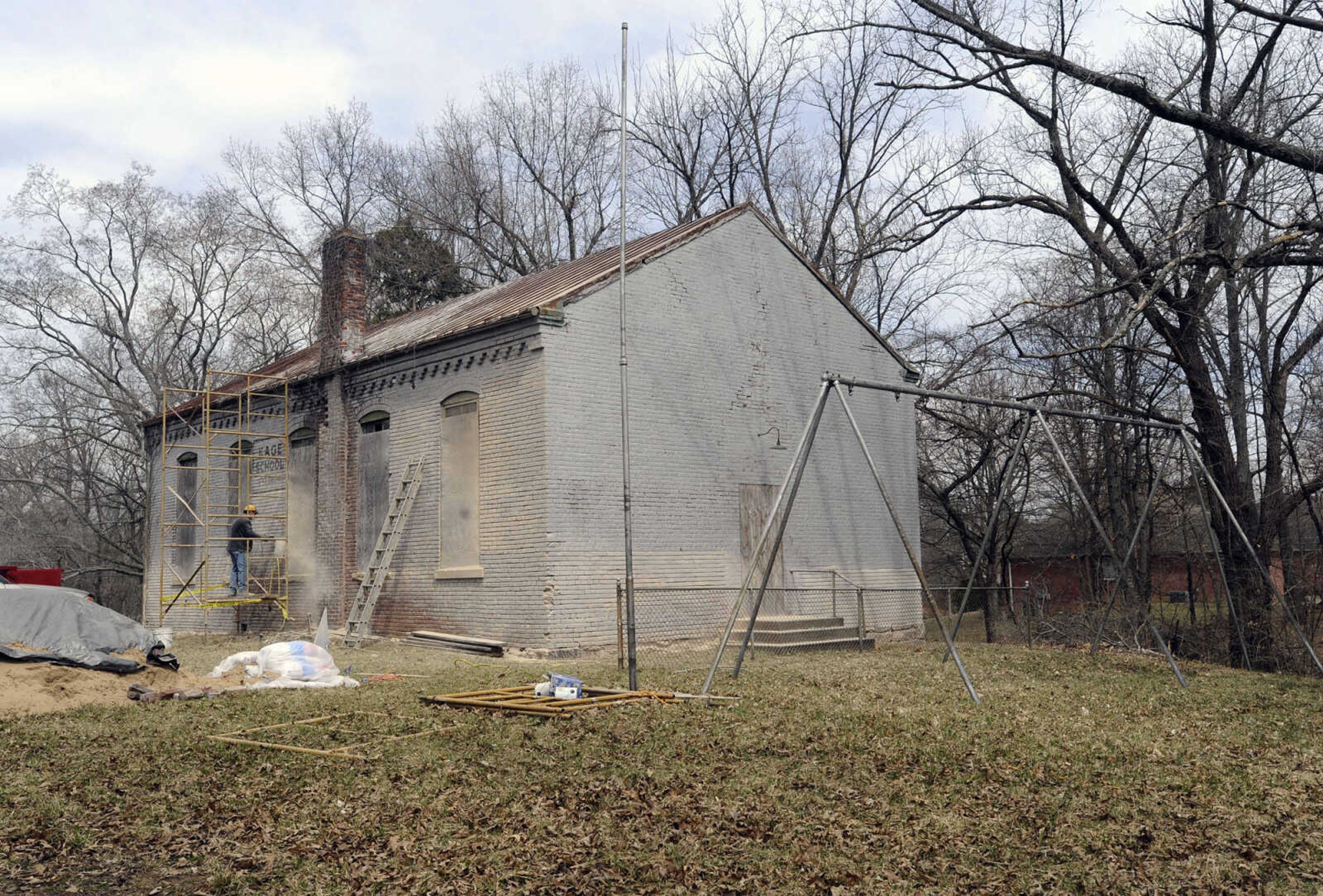 FRED LYNCH ~ flynch@semissourian.com
Restoration work has begun at the old Kage School as seen Monday, March 24, 2014 in Cape Girardeau. The building served as a one-room school for 112 years until 1966.