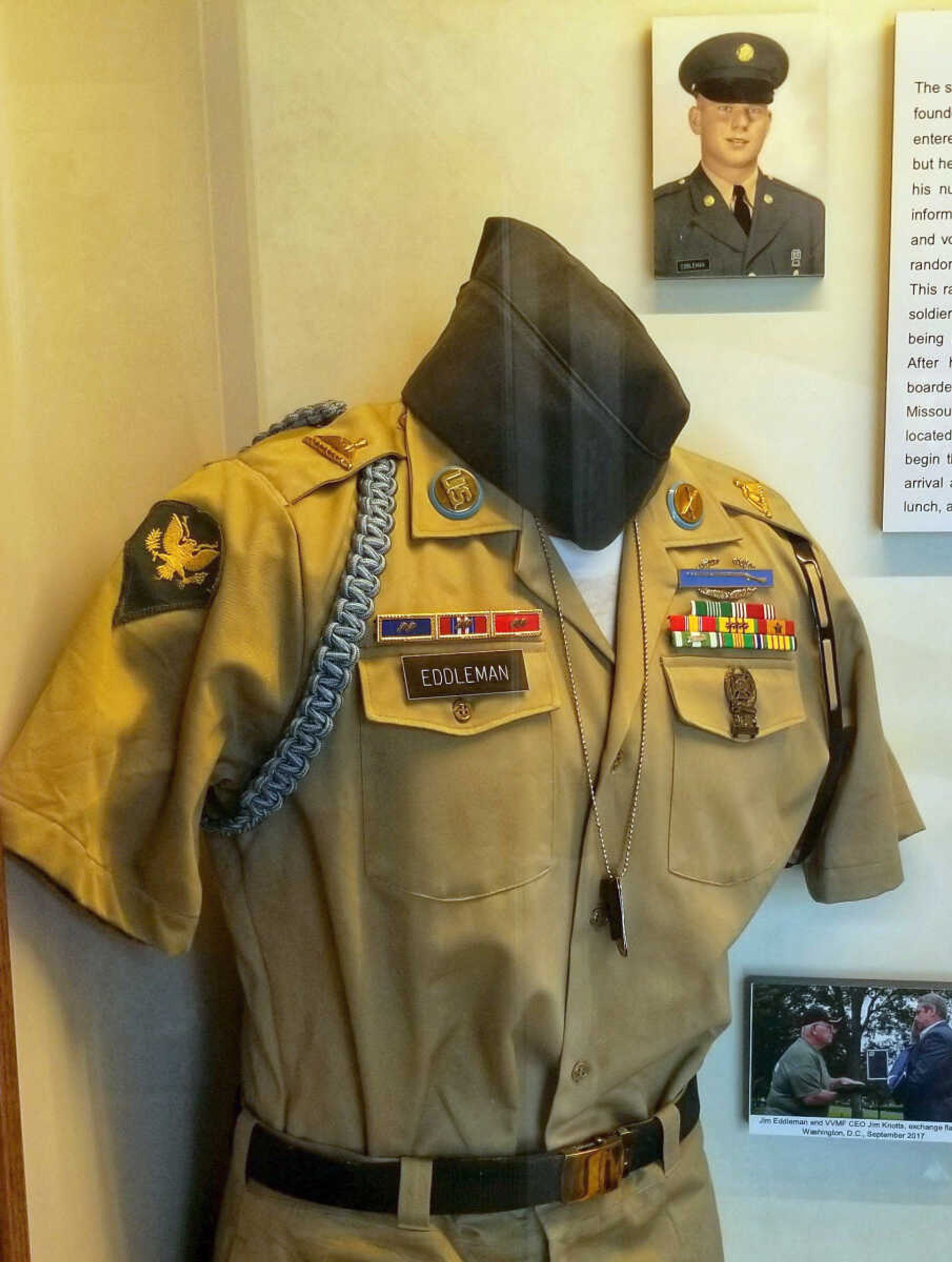 The military uniform of Jim Eddleman is seen displayed inside Missouri's National Veterans Memorial in Perryville. Eddleman and his wife, Charlene, donated 47 acres of their farm to create the memorial.