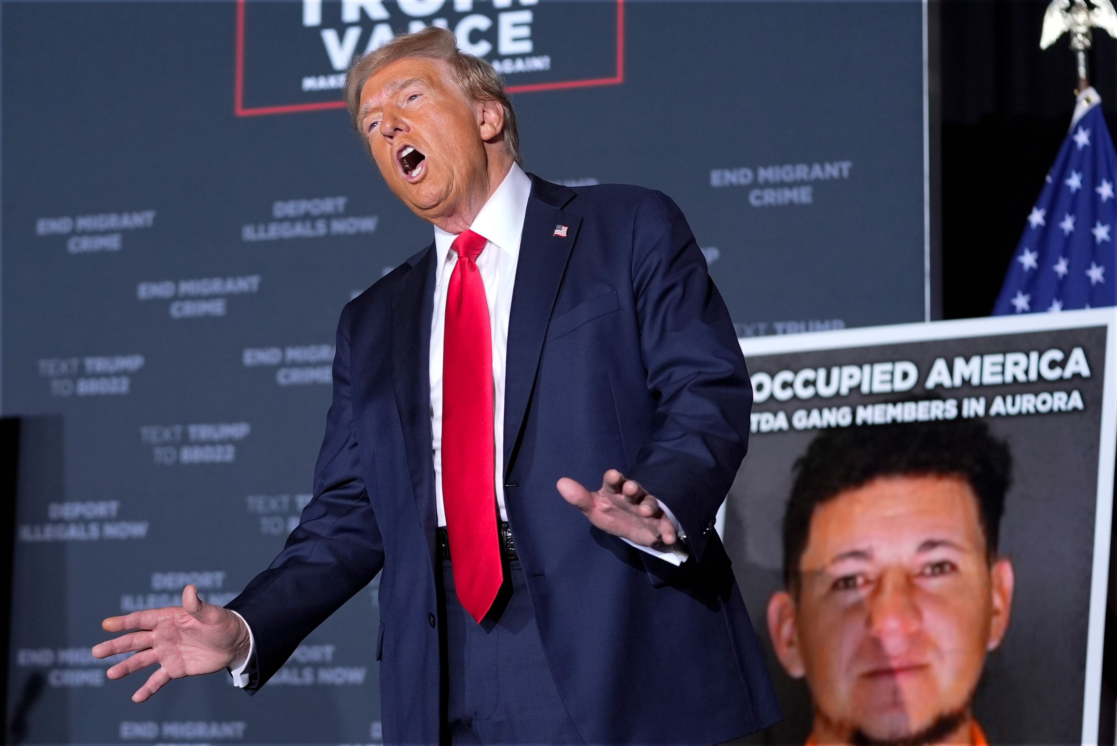 Republican presidential nominee former President Donald Trump arrives for a campaign rally at the Gaylord Rockies Resort & Convention Center, Friday, Oct. 11, 2024, in Aurora, Colo. (AP Photo/Alex Brandon)