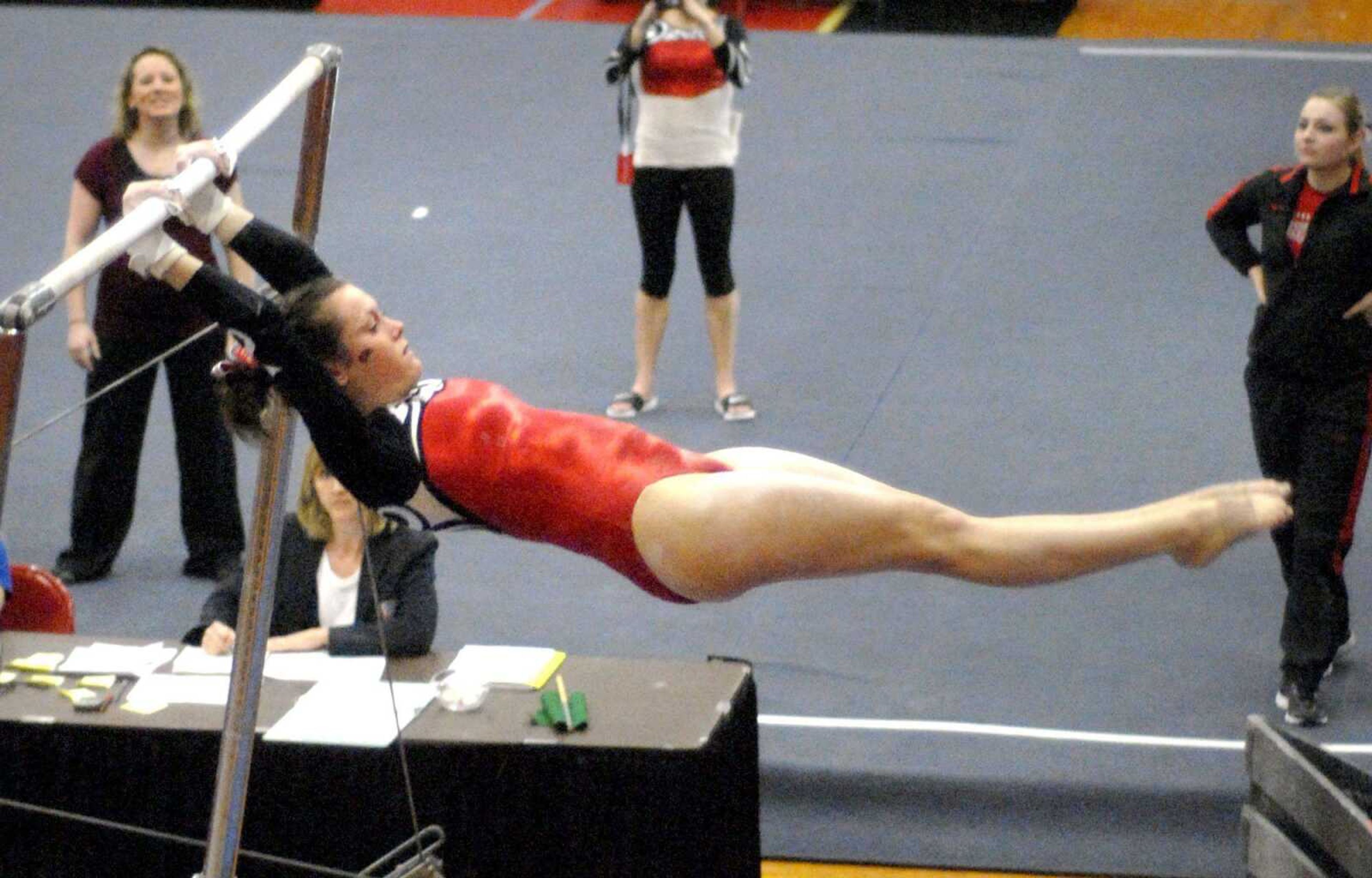 Southeast Missouri State's Taryn Vanderpool competes on the uneven bars Friday.