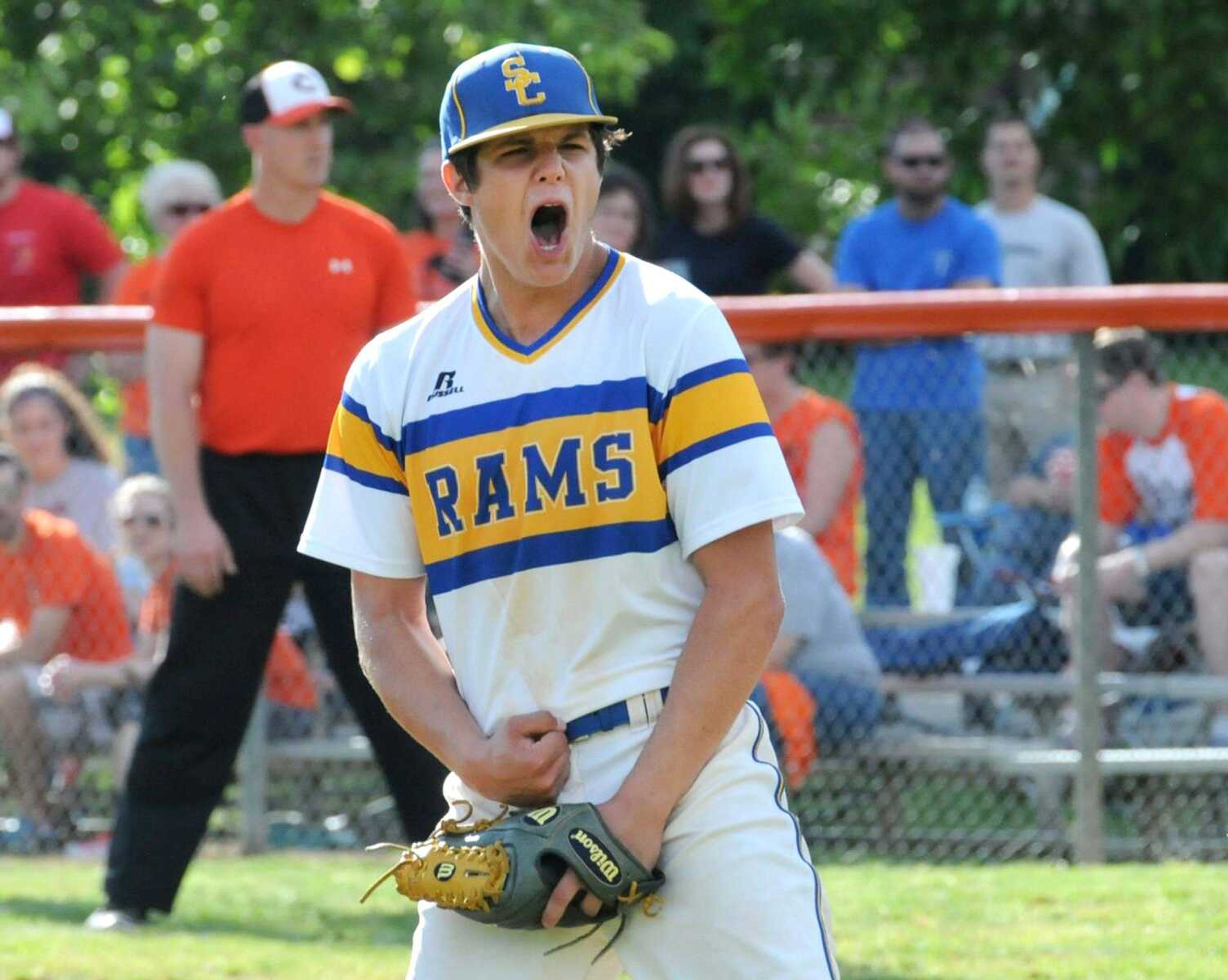 Scott City starting pitcher Jordan Kluesner celebrates after getting a strikeout in the sixth inning against Clearwater in a Class 3 quarterfinal on Wednesday in Piedmont, Missouri.