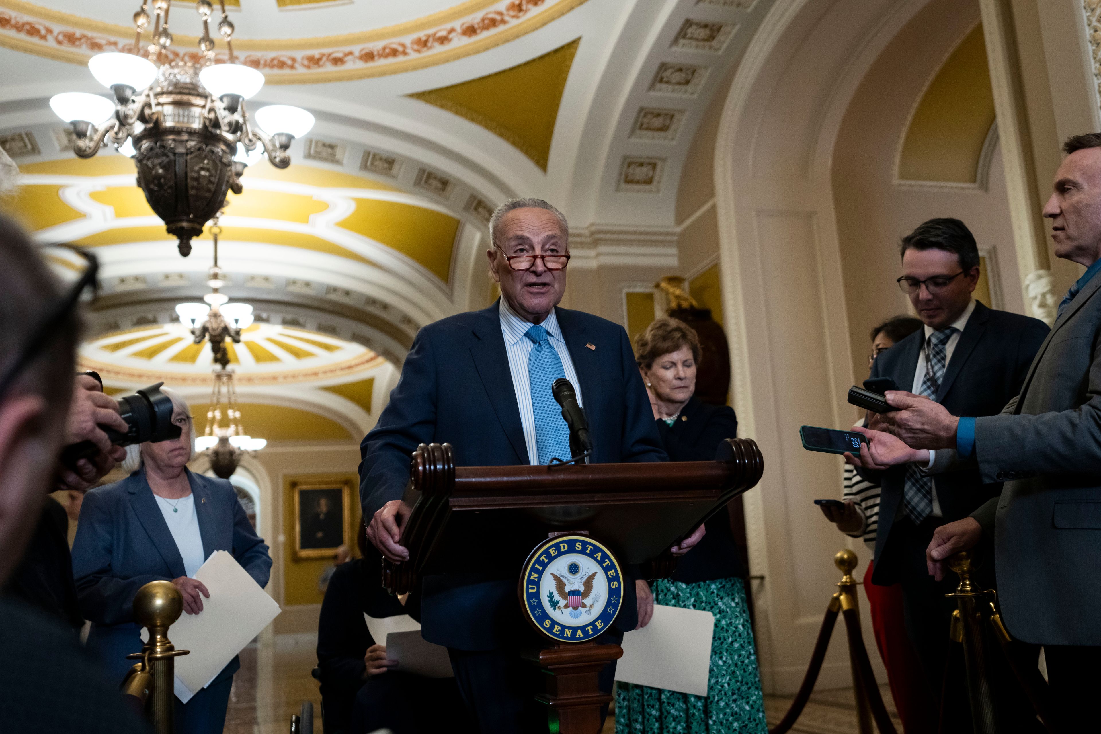 Senate Majority Leader Chuck Schumer, D-NY, speaks to the media following the Senate Democratic Party policy luncheon at Capitol Hill in Washington, Tuesday, Sept. 17, 2024. (AP Photo/Ben Curtis)