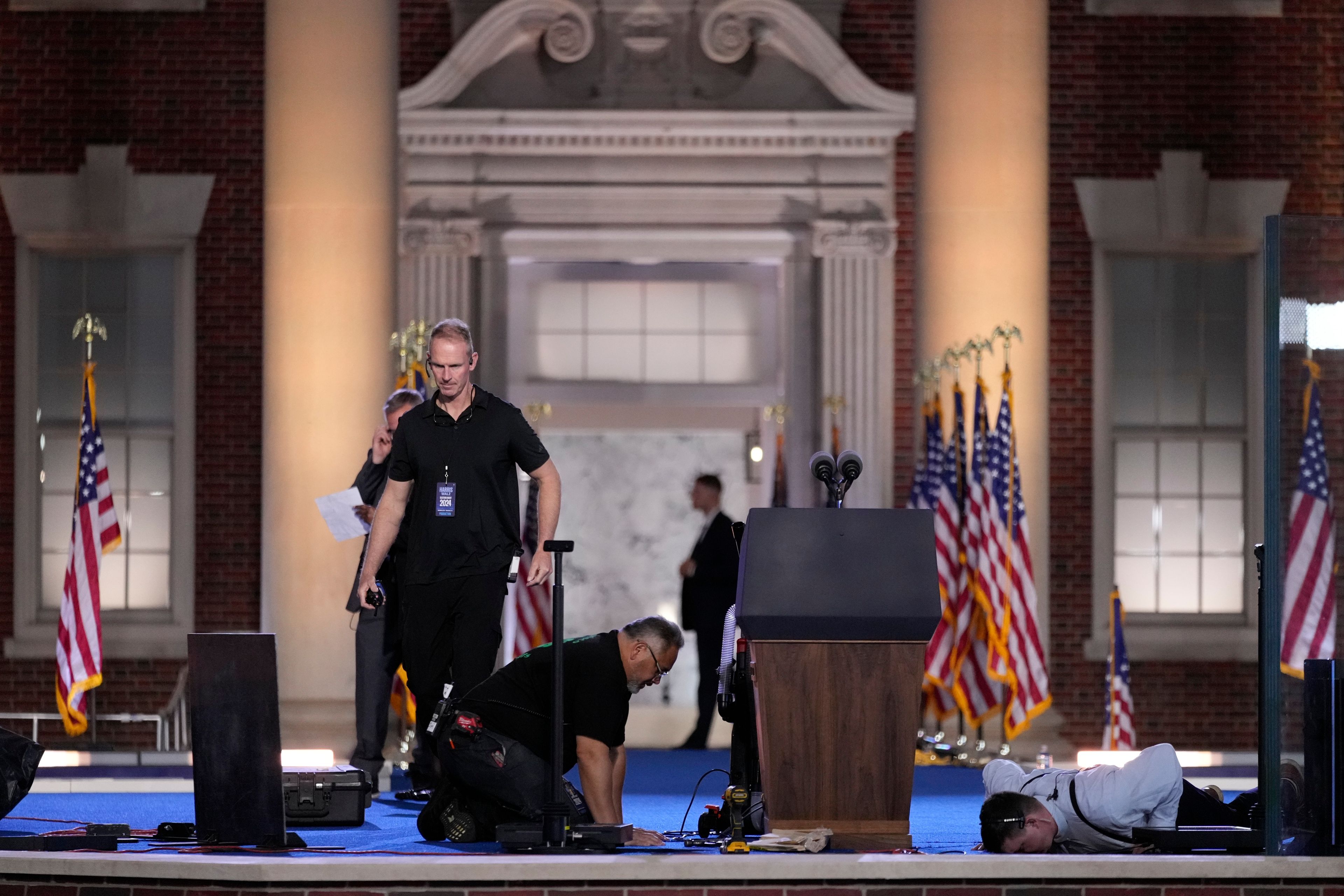 A podium is prepared ahead of an election night campaign watch party for Democratic presidential nominee Vice President Kamala Harris on Tuesday, Nov. 5, 2024, on the campus of Howard University in Washington. (AP Photo/Ben Curtis)