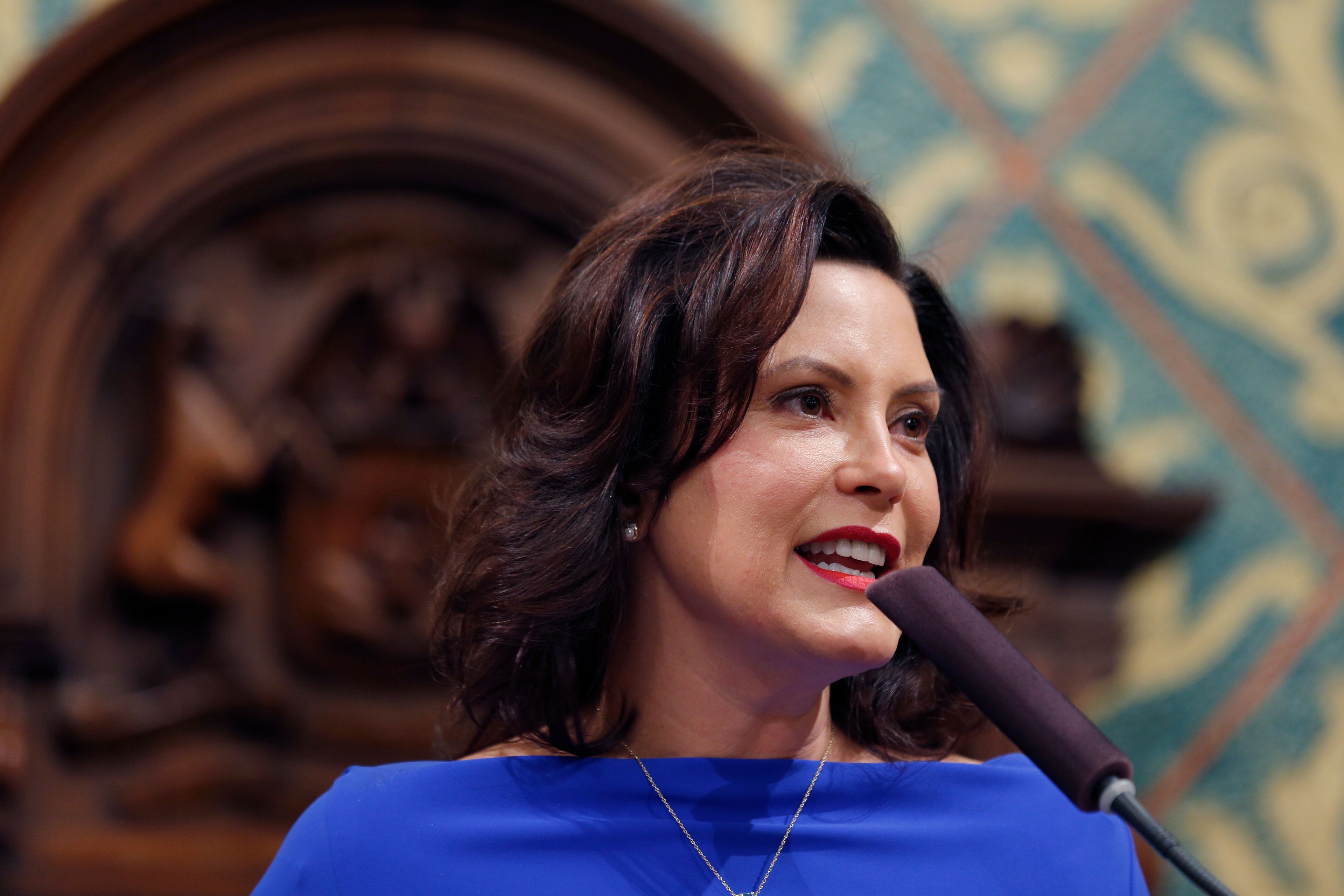 Michigan Gov. Gretchen Whitmer delivers her State of the State address to a joint session of the House and Senate, Tuesday, Feb. 12, 2019, at the state Capitol in Lansing, Mich.