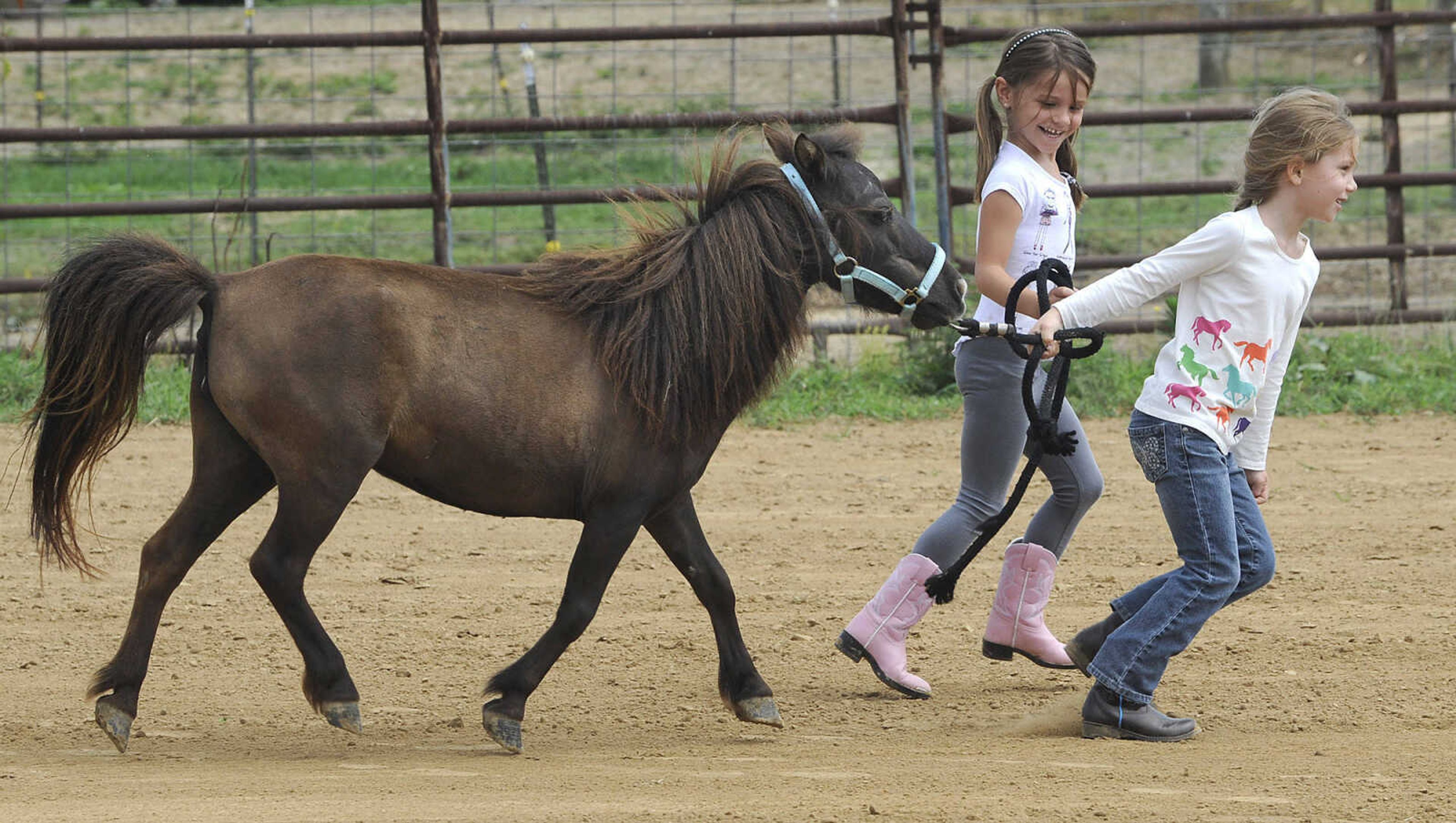 FRED LYNCH ~ flynch@semissourian.com
Morgan Curtis, right, and Amelia Fox lead Chippy, a miniature horse, to the barn for grooming at a horseback riding camp Monday, July 6, 2015 at Rolling Hills Farm west of Cape Girardeau.