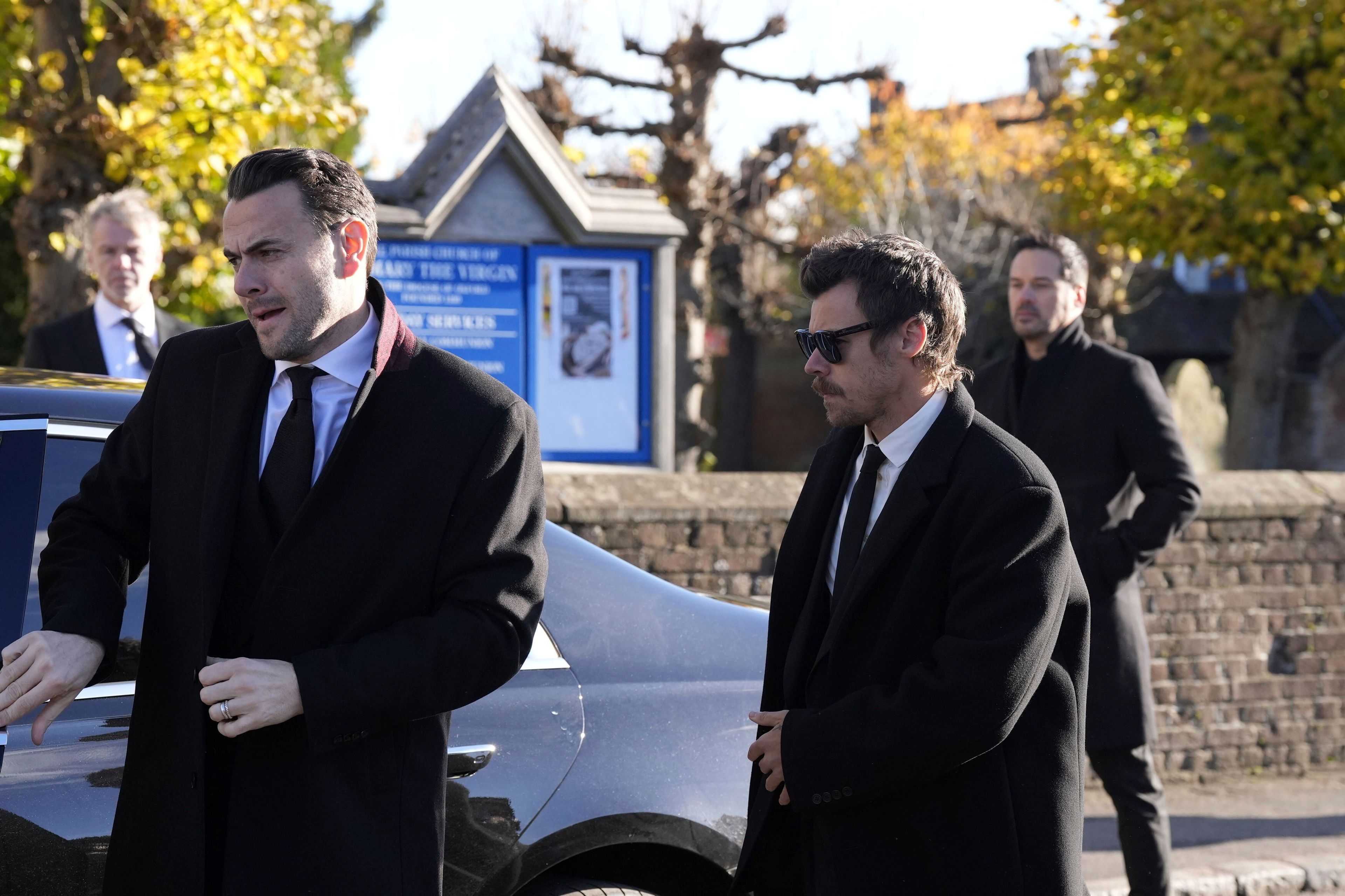 Harry Styles arrives for the funeral service of One Direction singer Liam Payne at St Mary's Church in Amersham, Buckinghamshire, England, Wednesday Nov. 20, 2024. (Andrew Matthews/PA via AP)