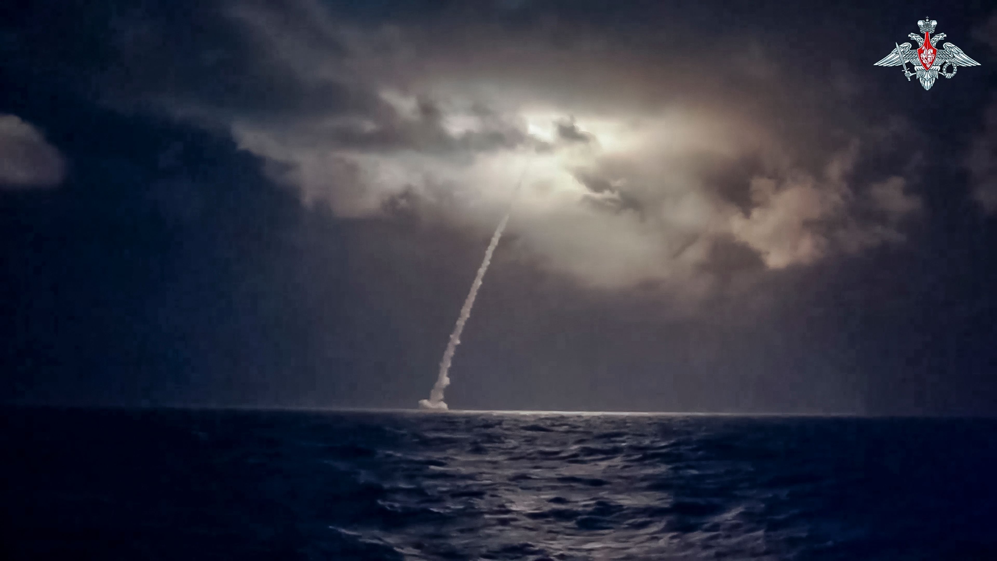 In this photo taken from video distributed by Russian Defense Ministry Press Service on Tuesday, Oct. 29, 2024, A Bulava ballistic missile is test-fired from the Okhotsk Sea during drills of Russia's nuclear forces. (Russian Defense Ministry Press Service via AP)