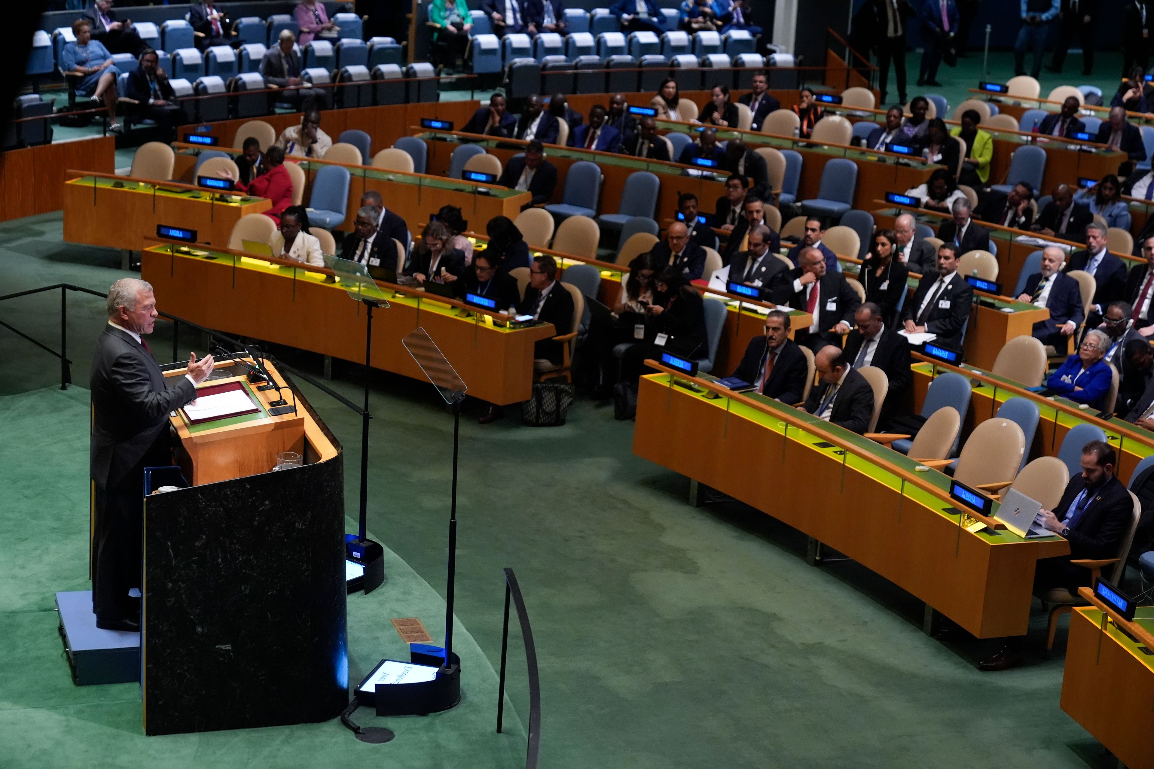 Jordan's King Abdullah II addresses the 79th session of the United Nations General Assembly at United Nations headquarters, Tuesday, Sept. 24, 2024. (AP Photo/Seth Wenig)