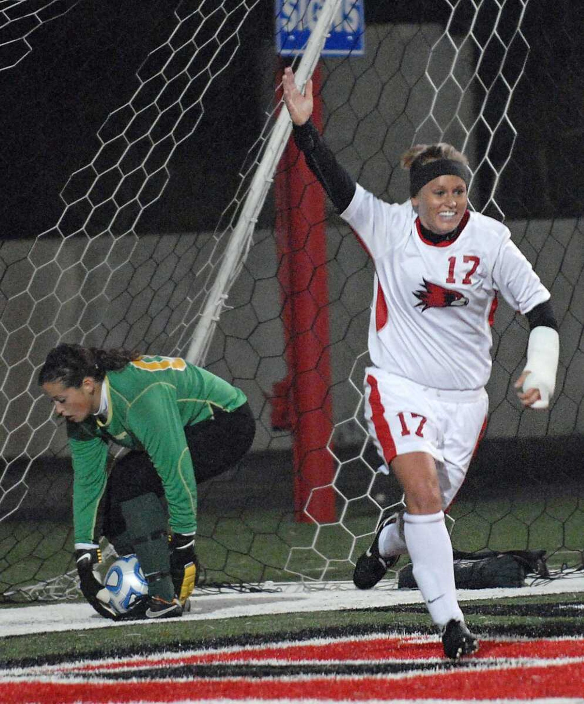 Southeast Missouri State's Jessie Crabtree celebrates after scoring a goal during the first half Friday.