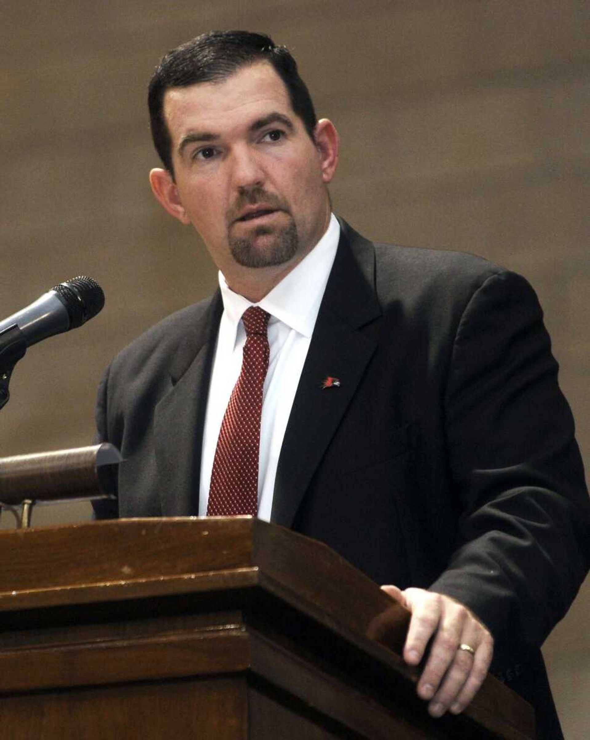 Southeast Missouri State coach Tom Matukewicz speaks at the inaugural football awards luncheon Sunday, Dec. 13, 2014 at the Student Recreation Center. (Fred Lynch)