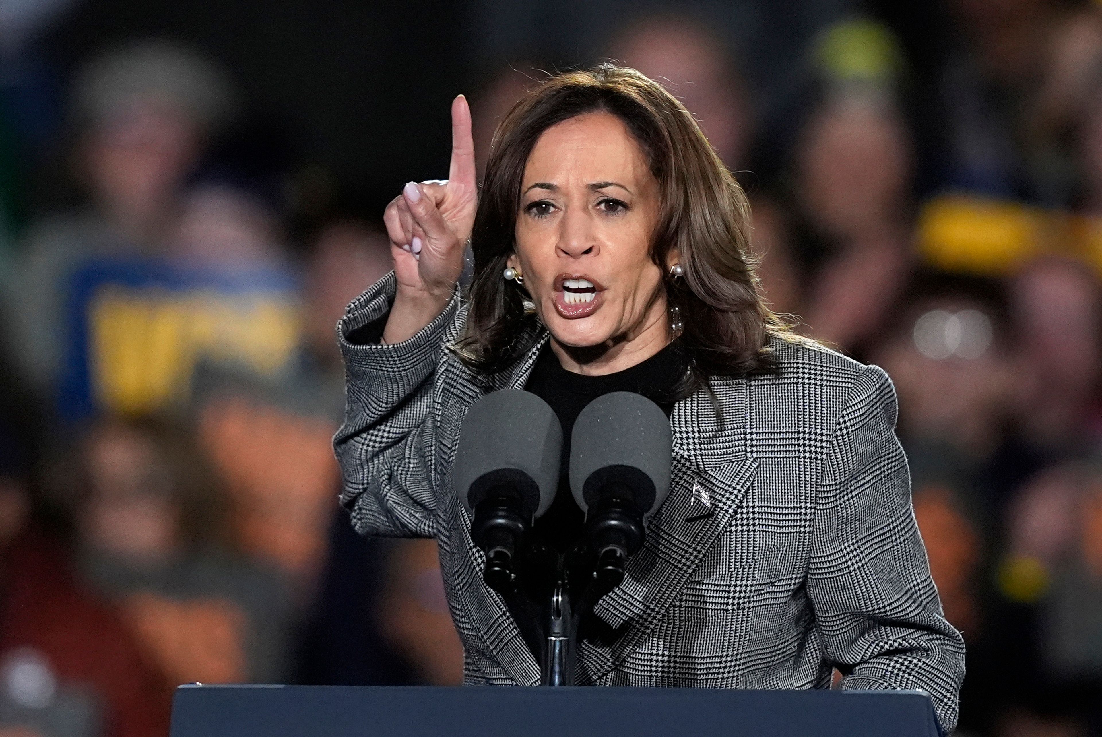 Democratic presidential nominee Vice President Kamala Harris speaks during a campaign rally at Burns Park in Ann Arbor, Mich., Monday, Oct. 28, 2024. (AP Photo/Carlos Osorio)