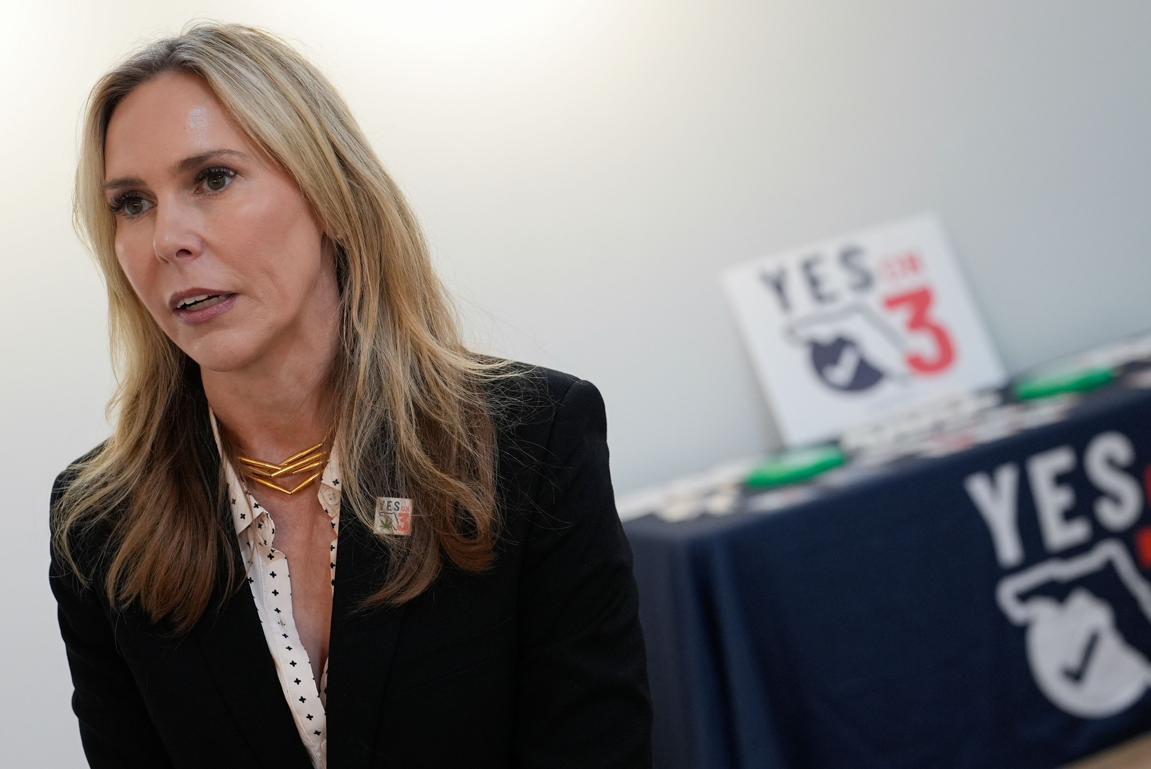 Trulieve CEO Kim Rivers speaks at an event in support of Amendment 3, a ballot initiative which would legalize the recreational use of pot in Florida for adults 21 years old and older, Wednesday, Oct. 23, 2024, at a Trulieve medical cannabis dispensary in Hallendale Beach, Fla. (AP Photo/Rebecca Blackwell)