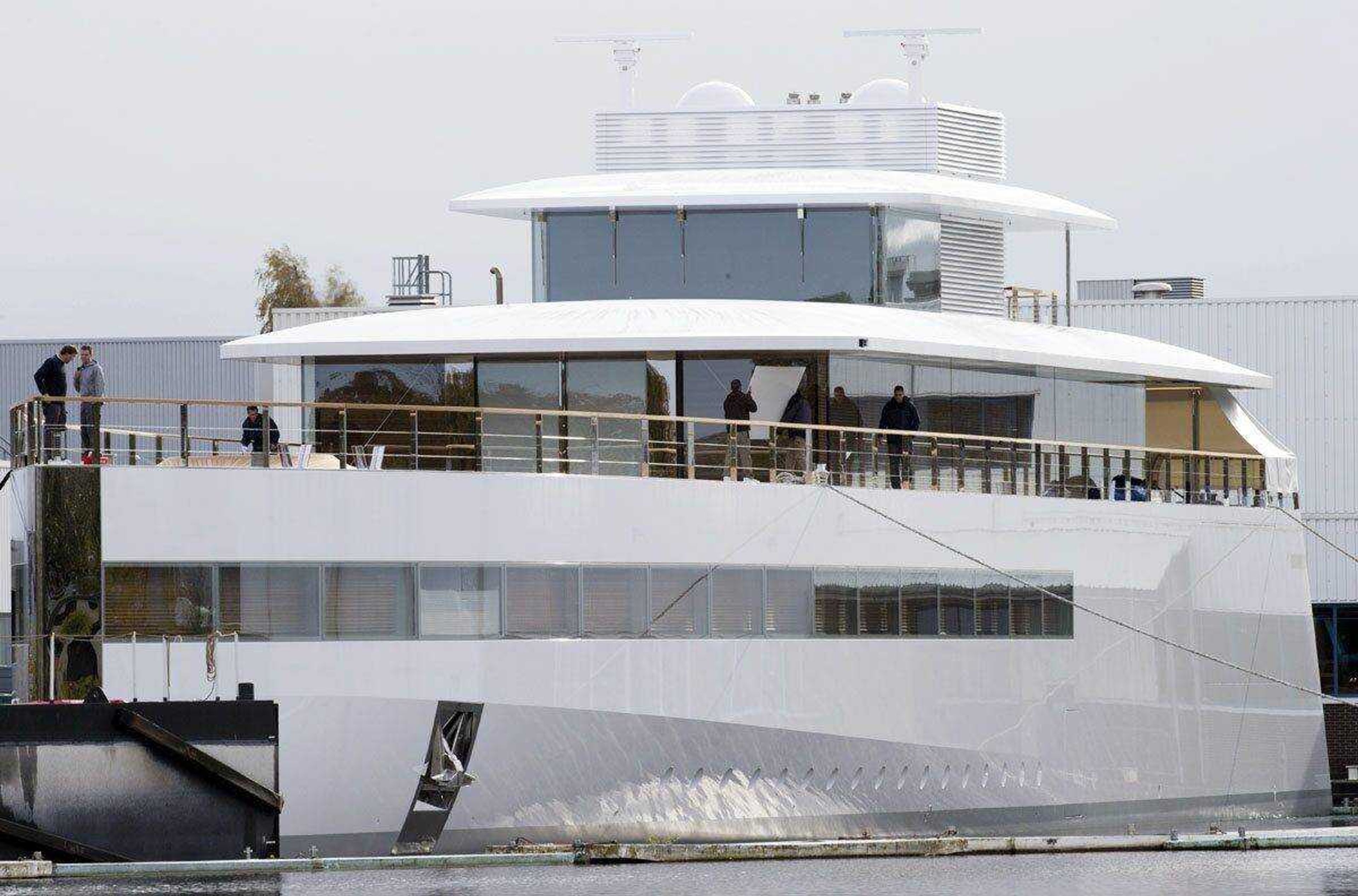 Workers put the finishing touches to the yacht commissioned by Steve Jobs on Tuesday near Amsterdam, Netherlands. (Peter Dejong / Associated Press)