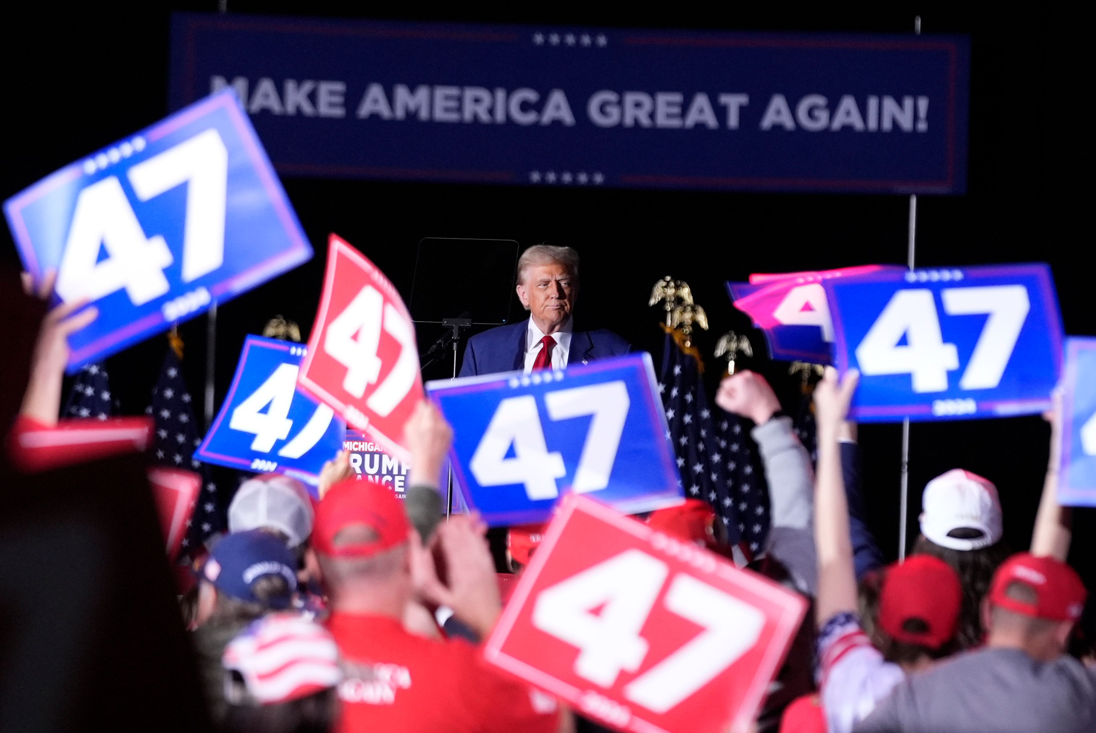 Republican presidential nominee former President Donald Trump speaks during a campaign rally at the Suburban Collection Showplace, Saturday, Oct. 26, 2024, in Novi, Mich. (AP Photo/Alex Brandon)