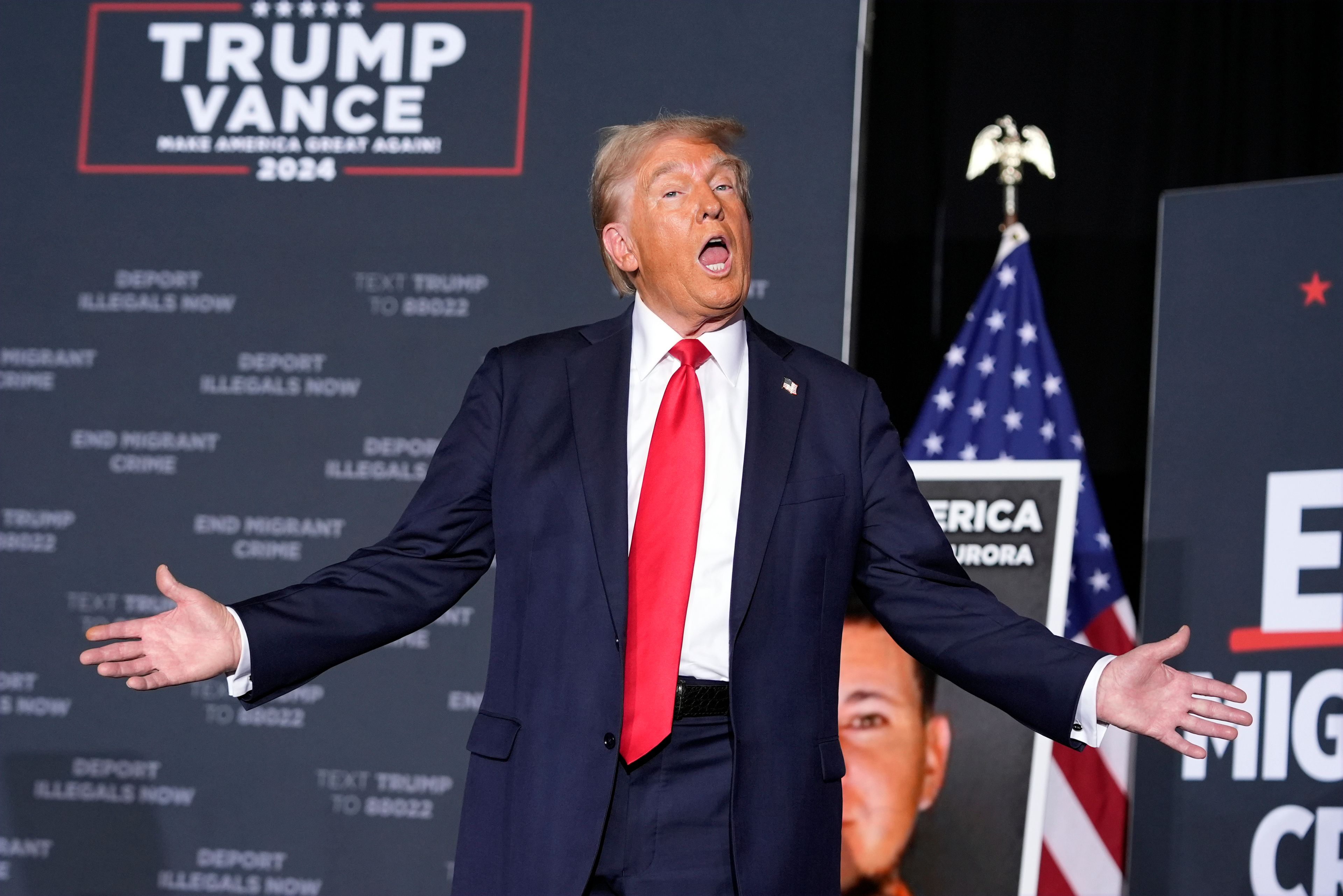 Republican presidential nominee former President Donald Trump arrives for a campaign rally at the Gaylord Rockies Resort & Convention Center, Friday, Oct. 11, 2024, in Aurora, Colo. (AP Photo/Alex Brandon)