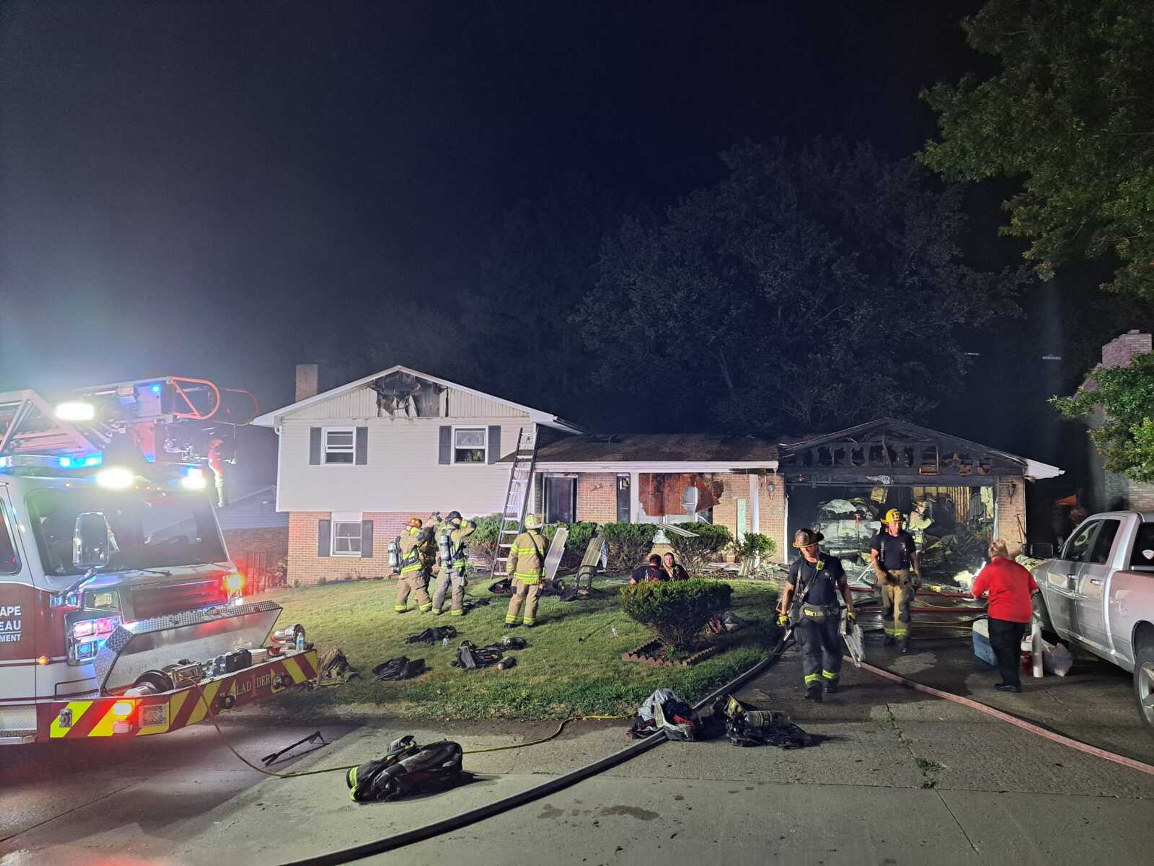 A home at 2026 Andrew Street in Cape Girardeau was engulfed by fire Monday, July 3. According to a neighbor with security camera video footage, the fire began at about 9:30 p.m. It reportedly started with unspent fireworks left in the garage. The family and two of their dogs escaped the home unharmed. Another dog reportedly perished. 