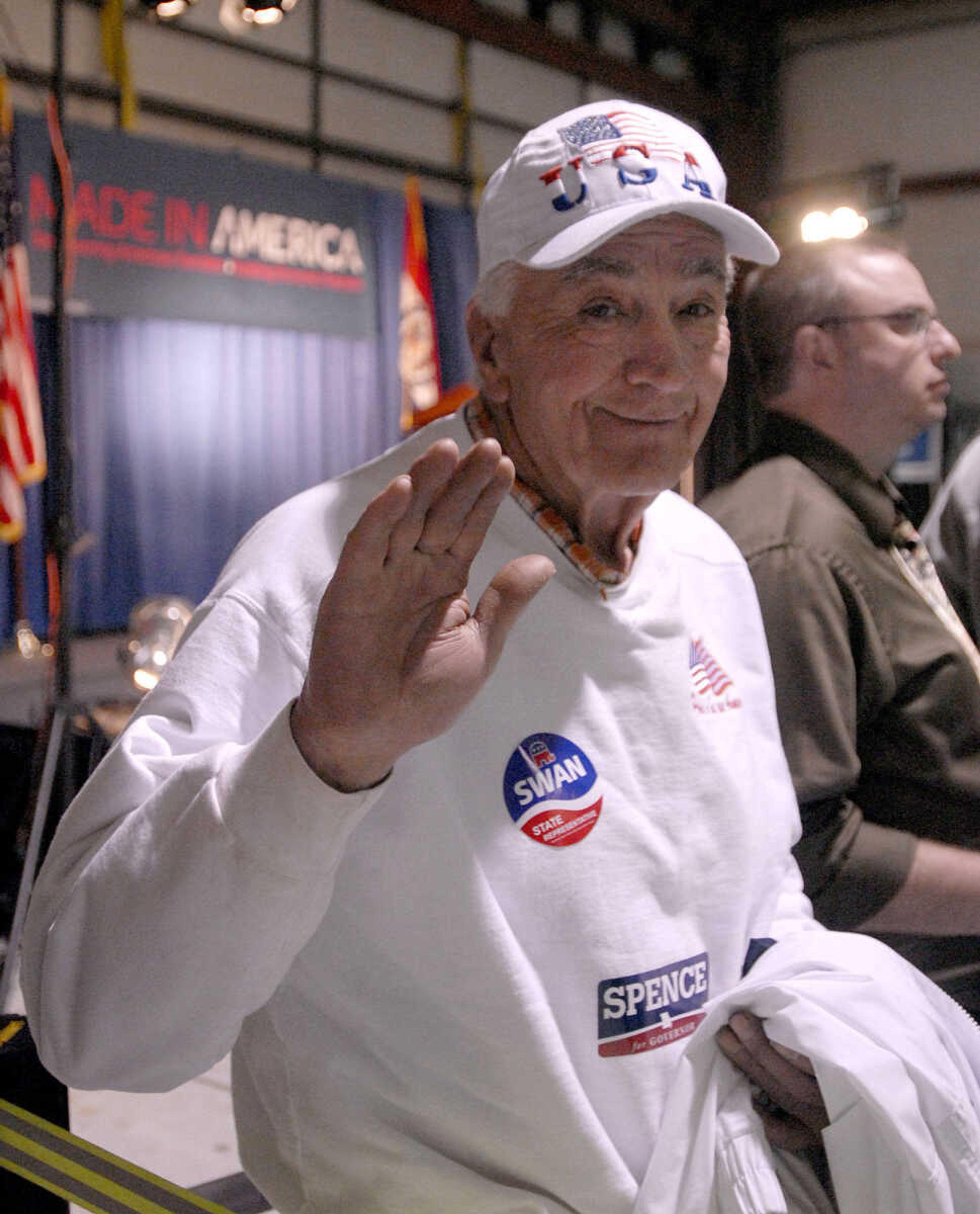 LAURA SIMON ~ lsimon@semissourian.com
Jerry Lively of DuQuoin, Ill. waits for the arrival of Republican presidential candidate Rick Santorum at the Cape Girardeau Regional Airport Saturday night, March 10, 2012 during his campaign stop.