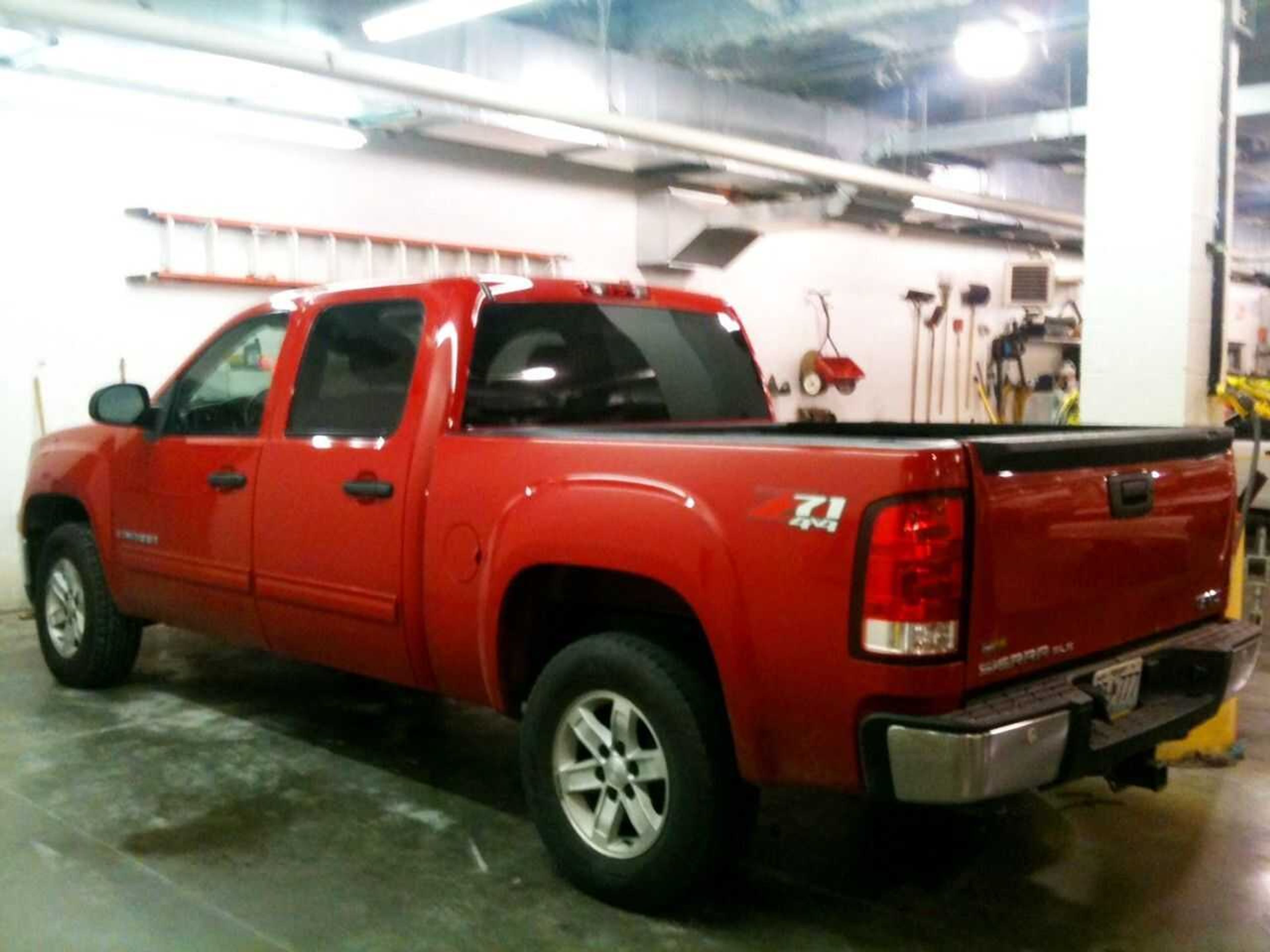 Clay Waller's truck sits in a garage at the Cape Girardeau County Sheriff's Department Friday, June 3, 2011, after police searched it in connection with the investigation into Jacque Sue Waller's disappearance. (Erin Hevern)