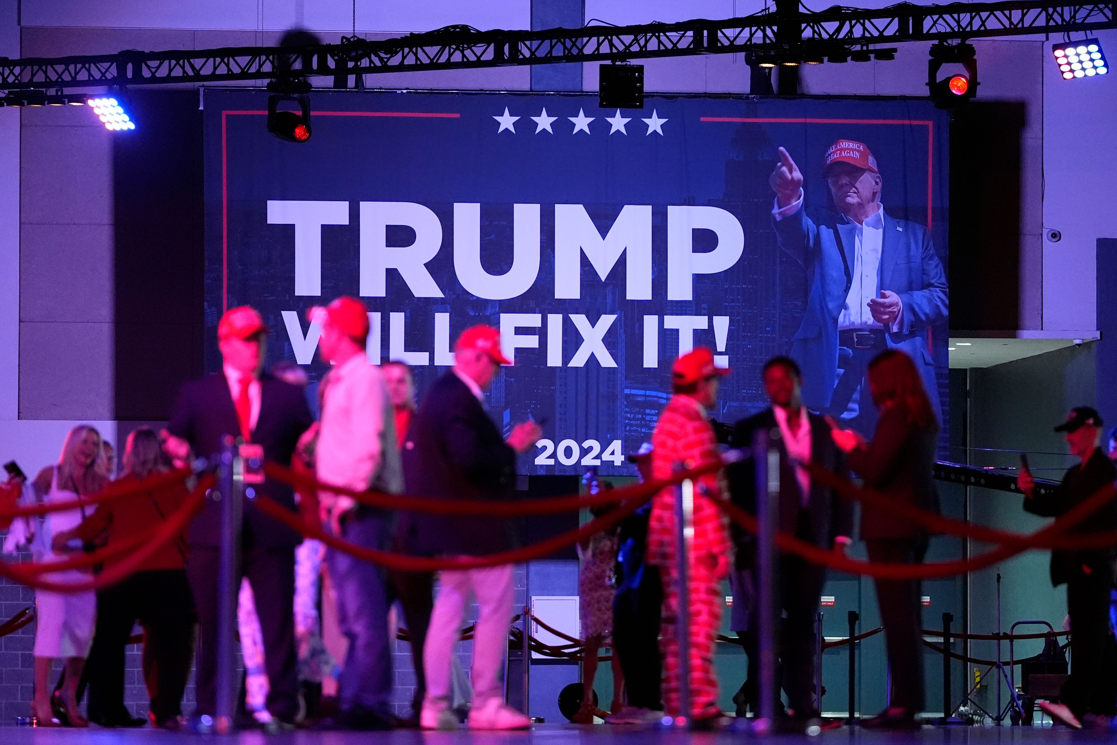 Supporters arrive at an election night watch party for Republican presidential nominee former President Donald Trump Tuesday, Nov. 5, 2024, in West Palm Beach, Fla. (AP Photo/Julia Demaree Nikhinson)