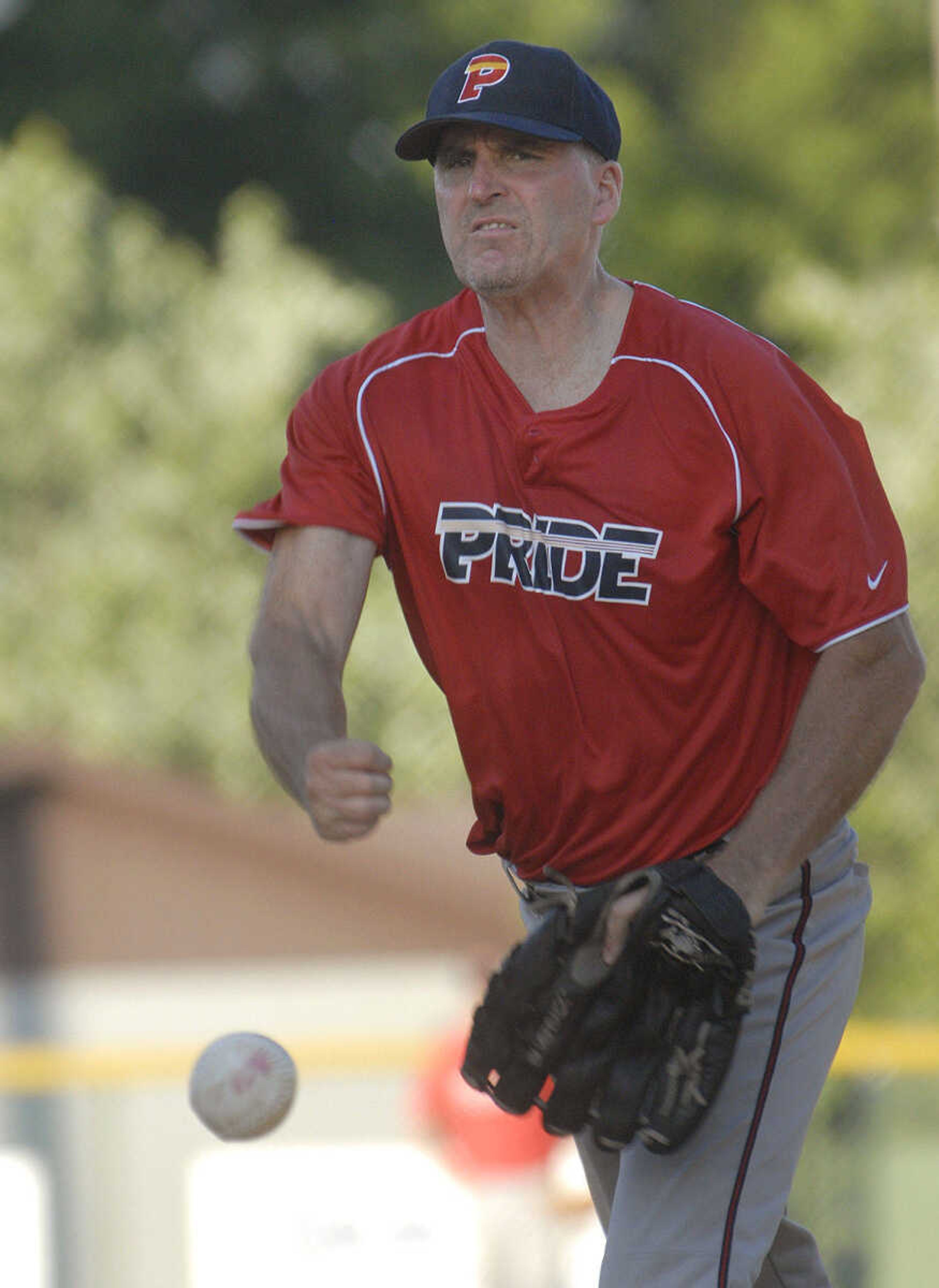 Decatur Pride's pitcher Brent Stevenson delivers to a Nokomis batter at the Kelso Klassic.