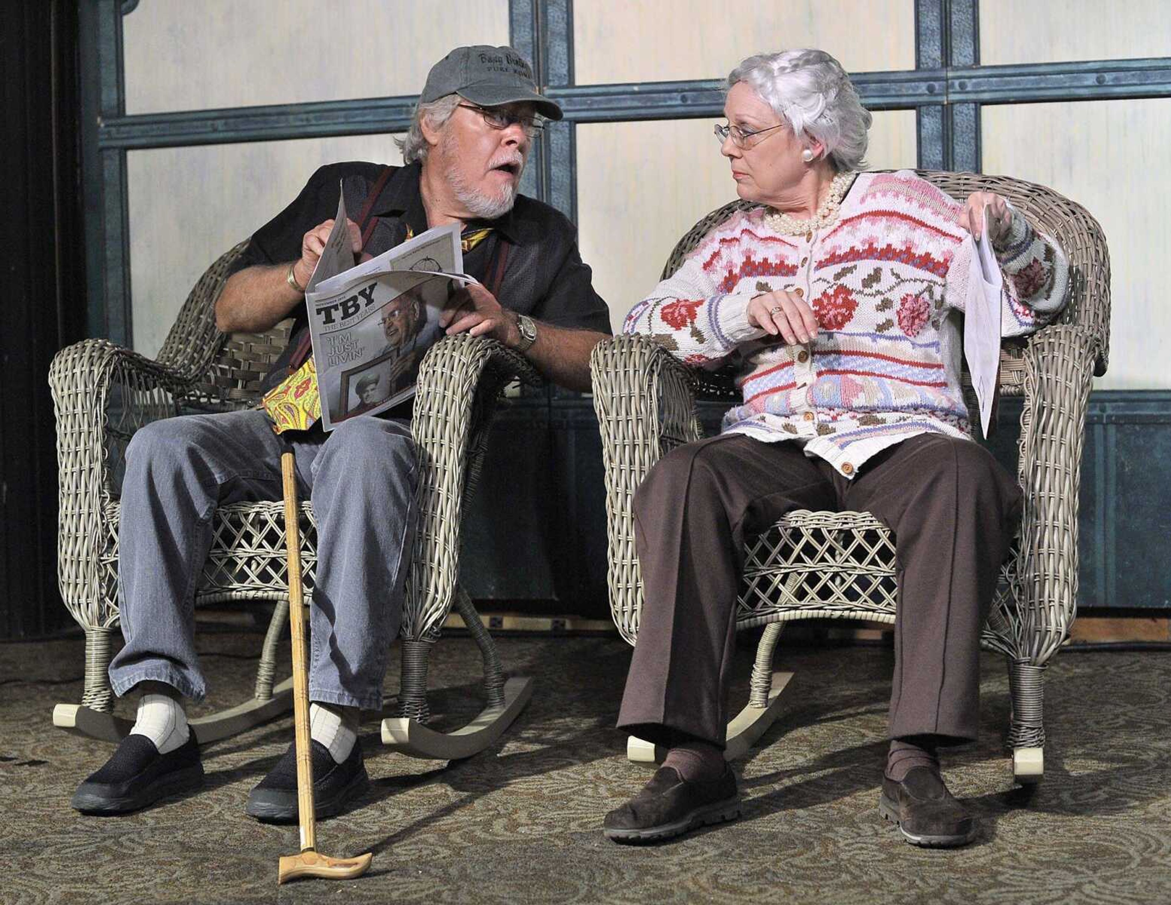 Don and Roseanna Greenwood rehearse their version of the "Old Folks" on Monday for The River City Players' "Follies!" in the Yacht Club of Port Cape Girardeau. (Fred Lynch)