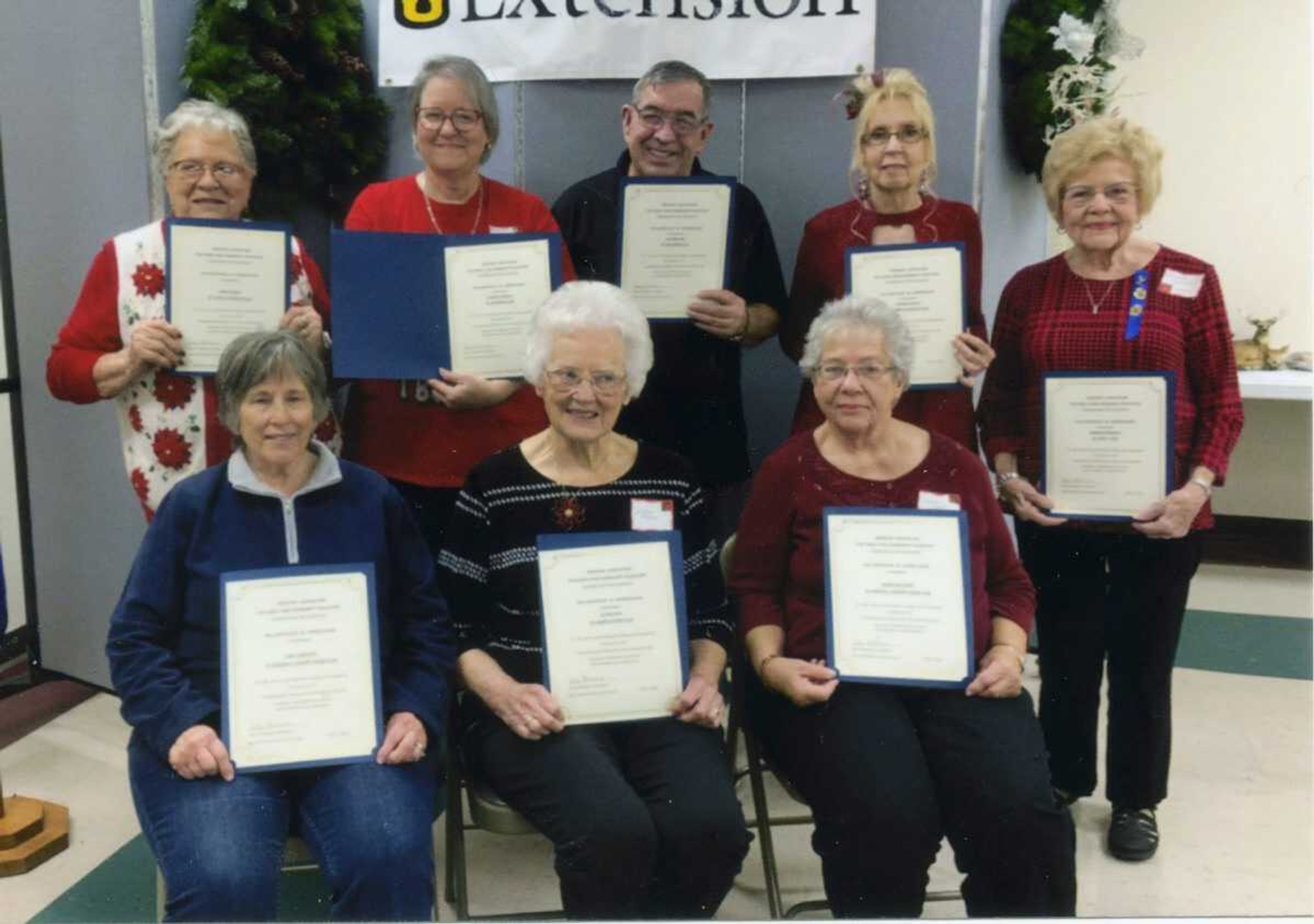 The following FCE members were recognized for years of membership and received pins and certificates at the recent Cape Girardeau County FCE council meeting held Thursday, Dec. 7. Front, from left -- Jane Lungwitz, 50 year member of Cheerful Country Doers FCE Club; JoAnn Hahs, 60-year member of Lamplighters FCE Club; and Agnes Wachter, 50-year member of Cheerful Country Doers FCE Club; back -- Shirley Heise, five-year member of Town and Country FCE Club; Georgia Segraves and Stan Baughn, 5-year members of Oak Ridge FCE Club; Donna Woolsey, 10-year member of Town and Country FCE Club; and Barbara Marshall, 20-year member of Kage FCE Club. Not pictured is Joan Meyer, 55-year member of Kage FCE Club.