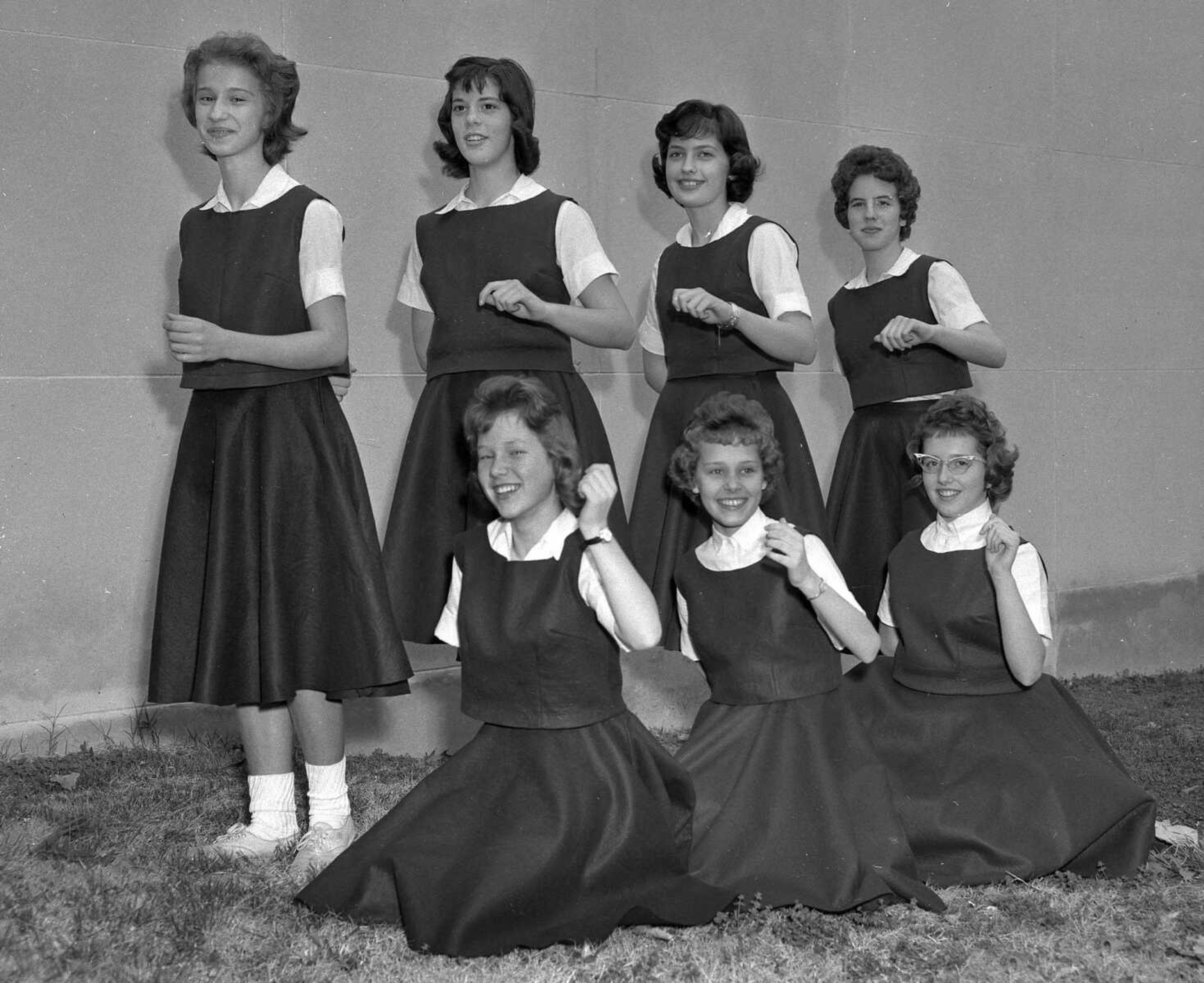 March 1, 1961 Southeast Missourian.
Cheerleader champions were chosen for the elementary schools in Cape Girardeau this year and this group, from Trinity Lutheran School, won the title, the champs being picked by the basketball coaches of the elementary schools. From the left, kneeling, are Bonnie Strom, Jean Siemers and Emma Jo Pensel. Standing, Patricia Johnson, Judy Schrader, Della Dee Heise and Cheri Huckstep. (G.D. Fronabarger/Southeast Missourian archive)