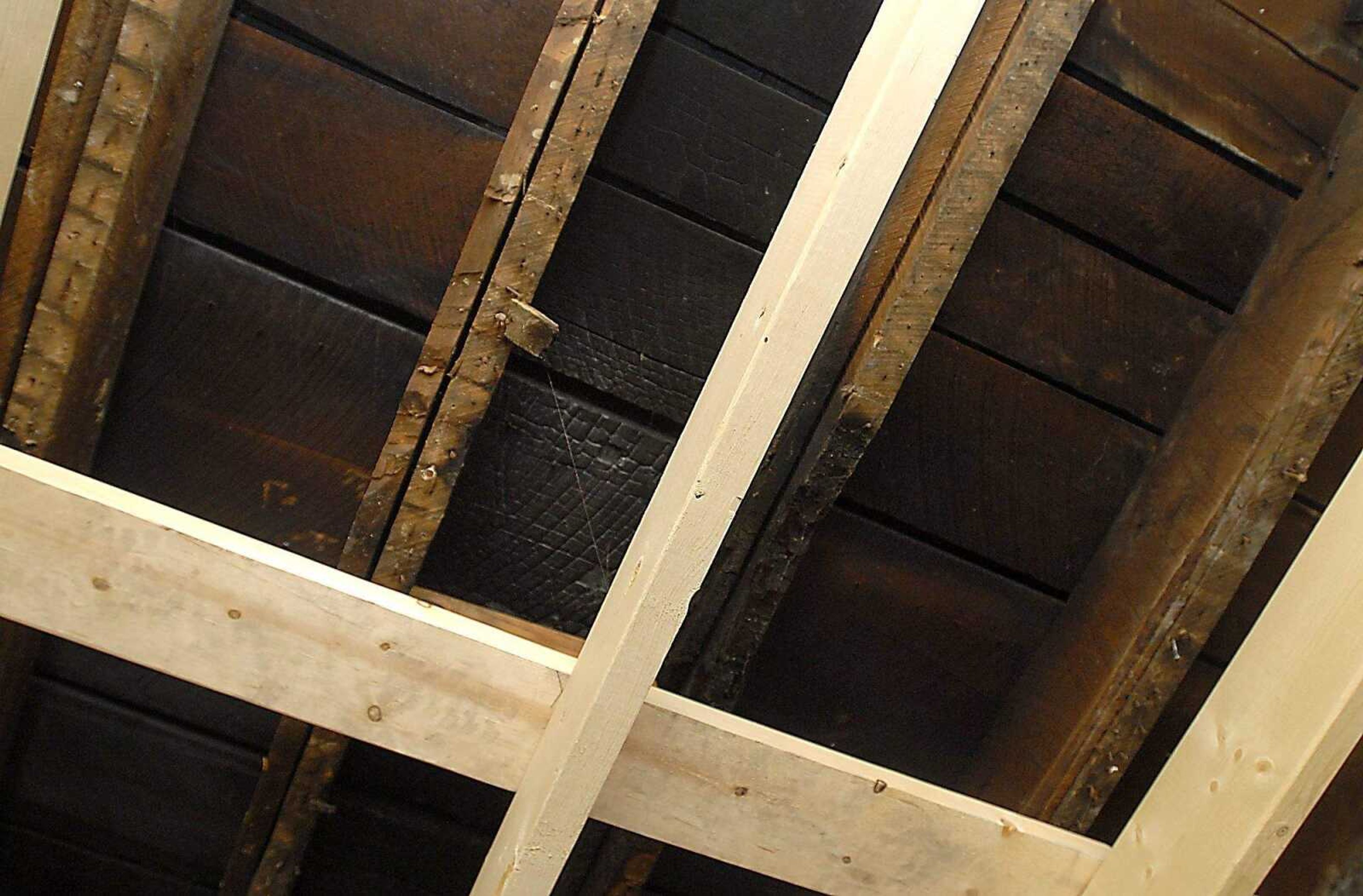 KIT DOYLE ~ kdoyle@semissourian.com
New ceiling beams mask the old burned out beams of a South Middle St. home being rehabbed by Centurion Development in Cape Girardeau. The home was burned out several years ago and needed to be almost completely reinforced structurally.