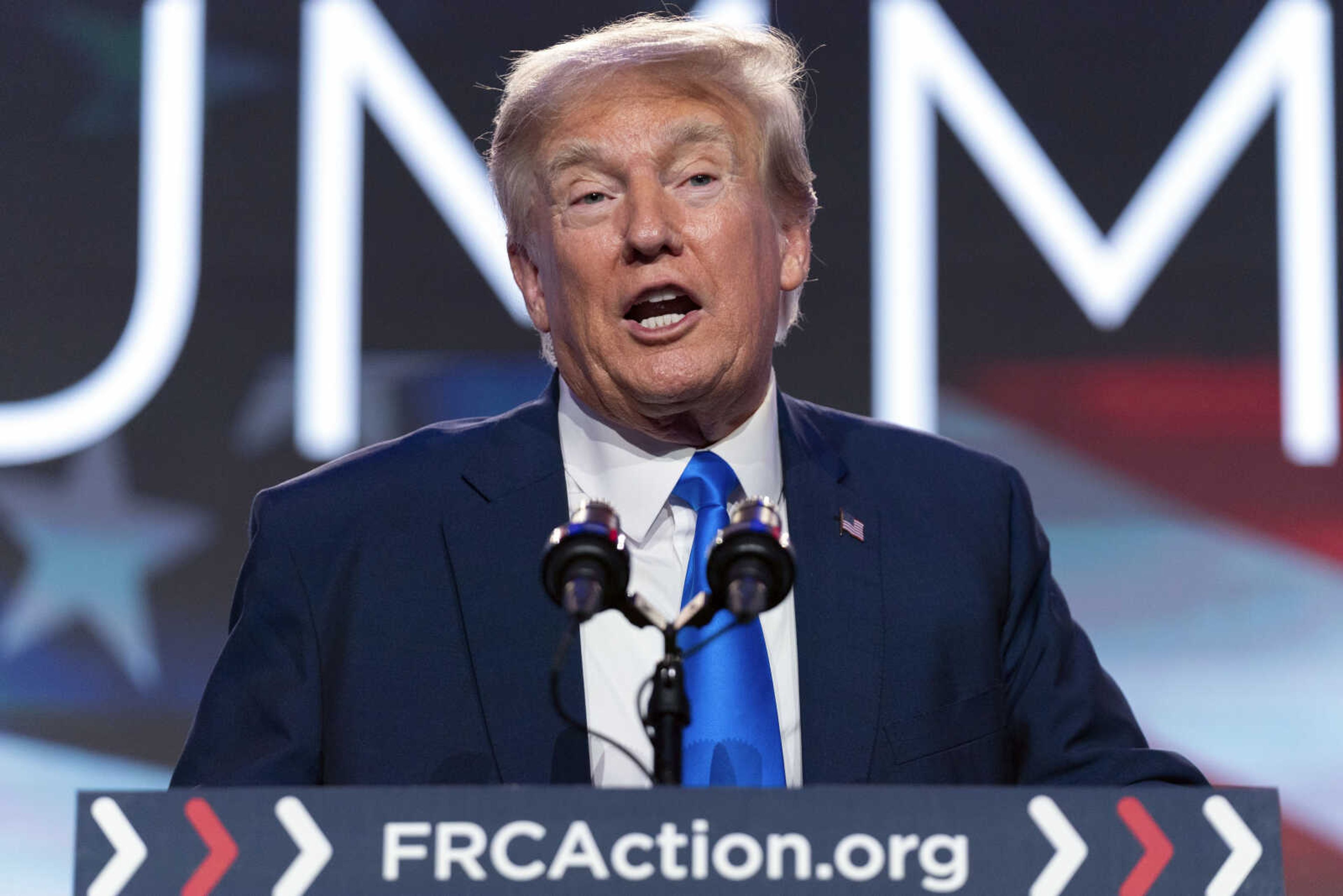 Former President Donald Trump speaks during the Pray Vote Stand Summit on Friday in Washington. Trump repeatedly declined in an interview aired Sunday to answer questions about whether he watched the Capitol riot unfold on television.