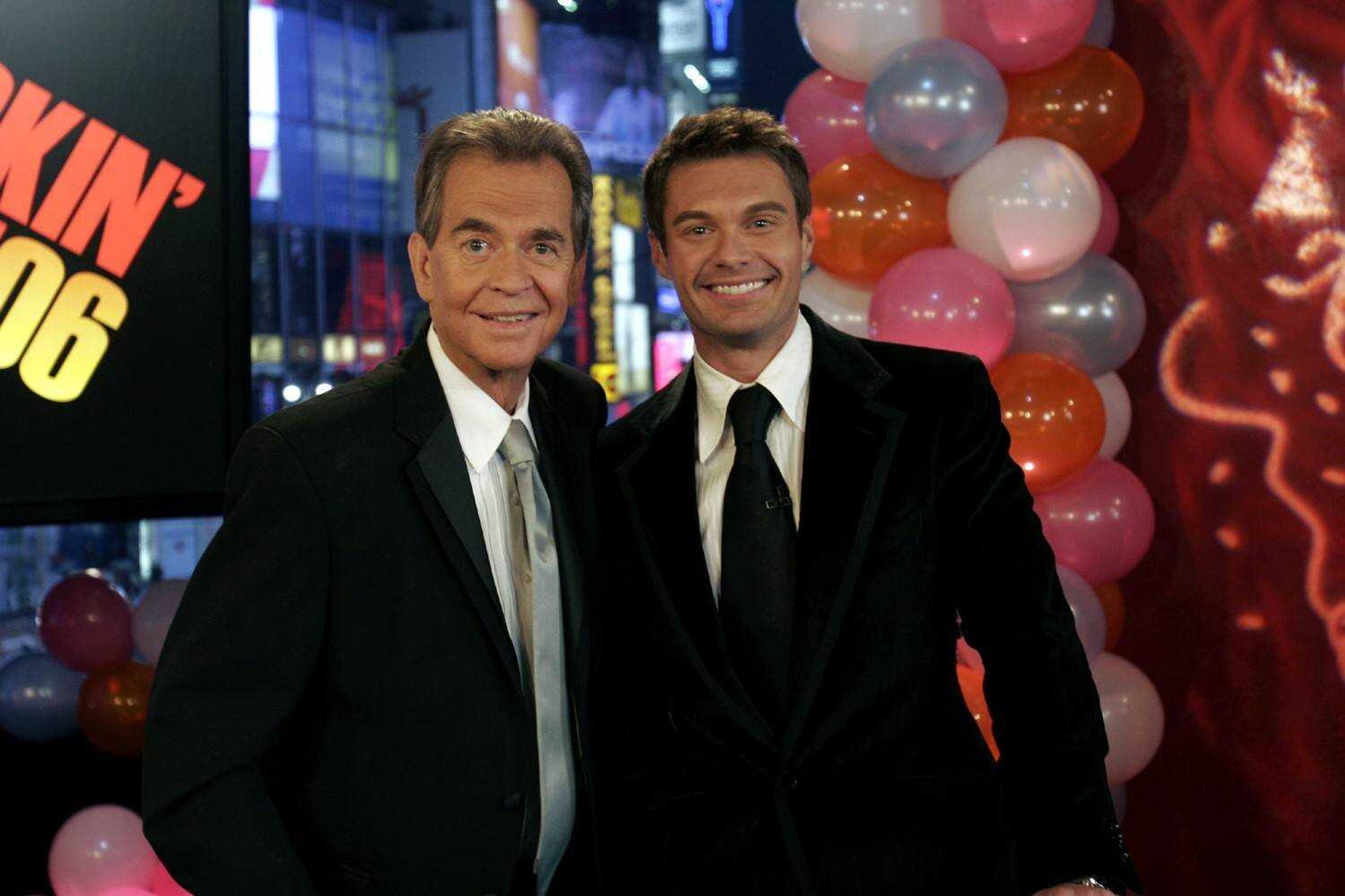 FILE - This Jan. 1, 2006 file photo originally released by ABC shows Dick Clark, left, posing with Ryan Seacrest in New York.  Clark, the ever-youthful television host and tireless entrepreneur who helped bring rock `n' roll into the mainstream on "American Bandstand," and later produced and hosted a vast range of programming from game shows to the New Year's Eve countdown from Times Square, died of a heart attack on Wednesday, April 18, 2012. He was 82.  (AP Photo/ABC, file)