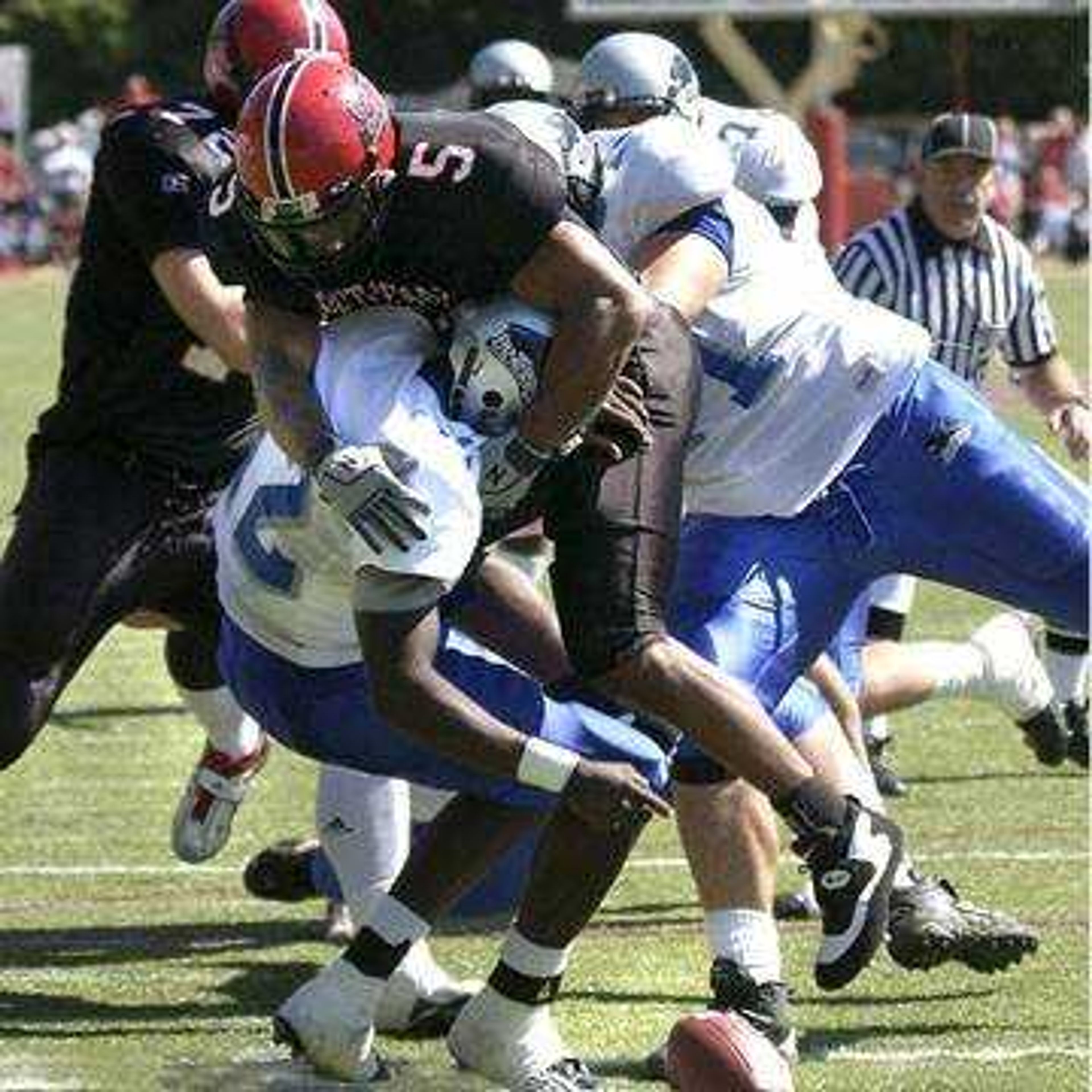 Southeast Missouri State University's Dimitri Patterson caught Eastern Illinois University quarterback Andrew Harris behind the line of scrimmage for a sack and a fumble setting up a SEMO touchdown by Caleb Daniel during the third quarter.