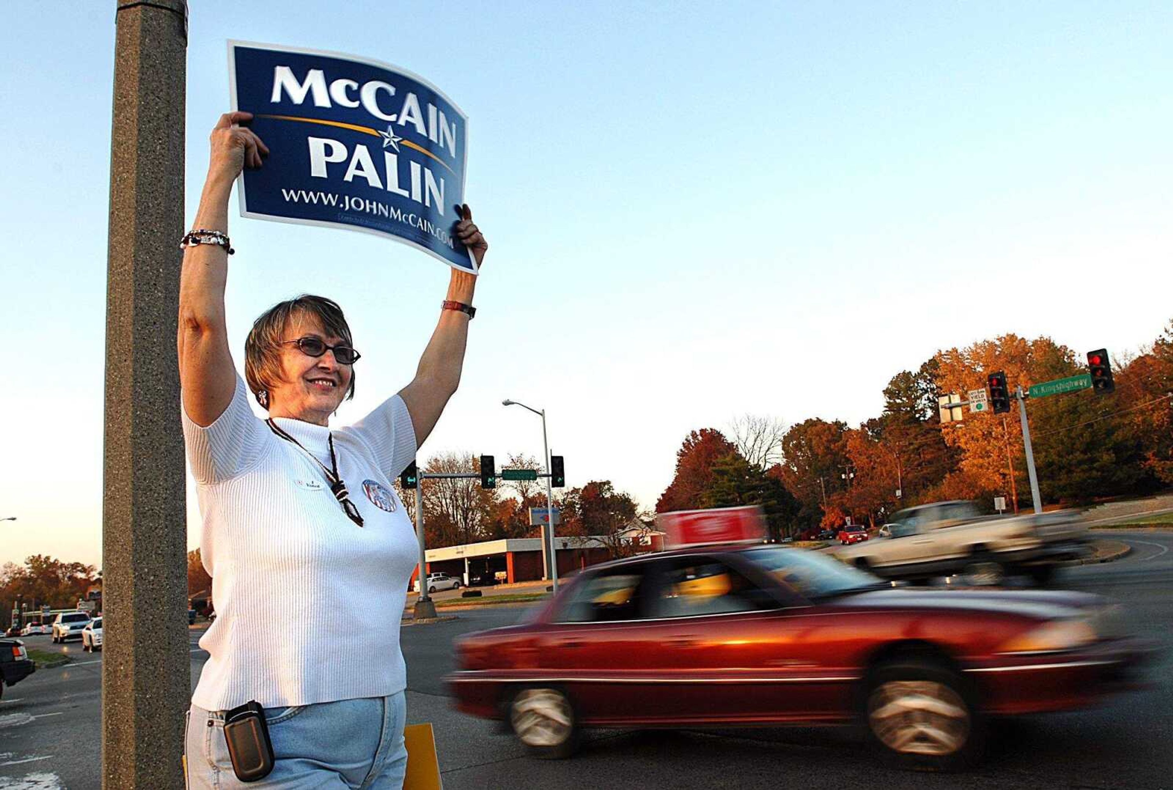 AARON EISENHAUER ~ aeisenhauer@semissourian.com
"It will be worth all my soar arm if it changes one mind," said Cheri Adcock as she enthusiastically waved a McCain-Palin sign at the corner of North Kingshighway and Maria Louise Lane.