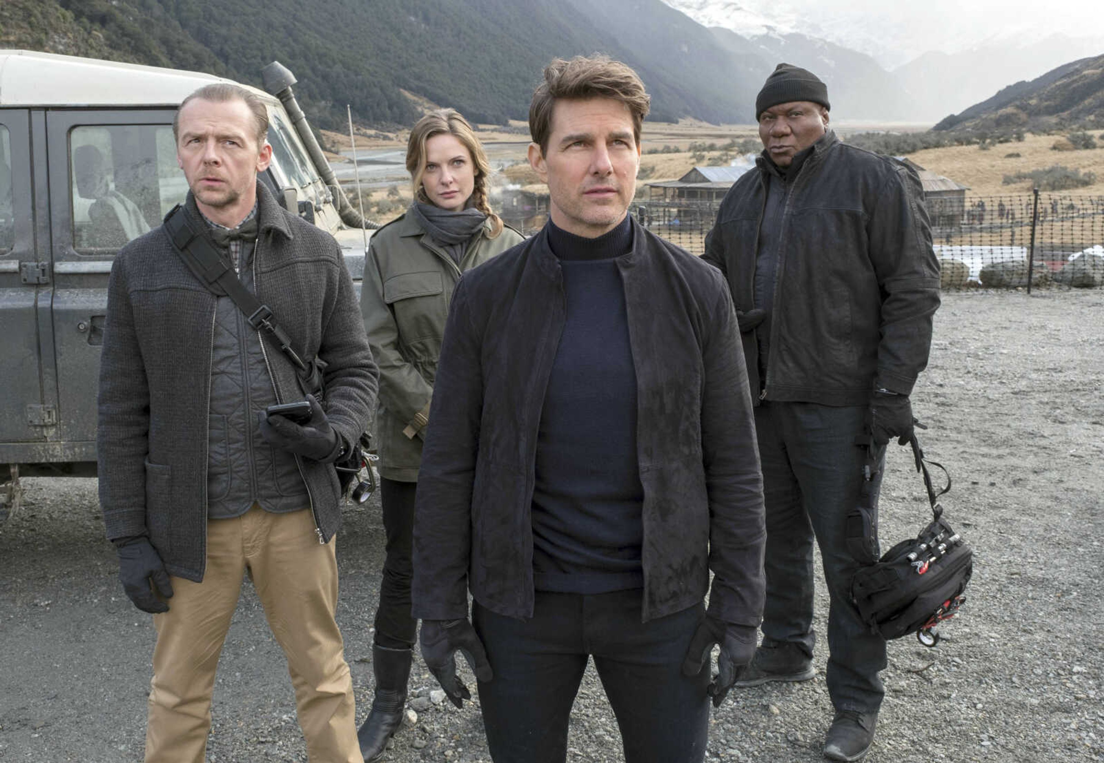 This image shows, from left, Simon Pegg, Rebecca Ferguson, Tom Cruise and Ving Rhames in a scene from "Mission: Impossible -- Fallout."