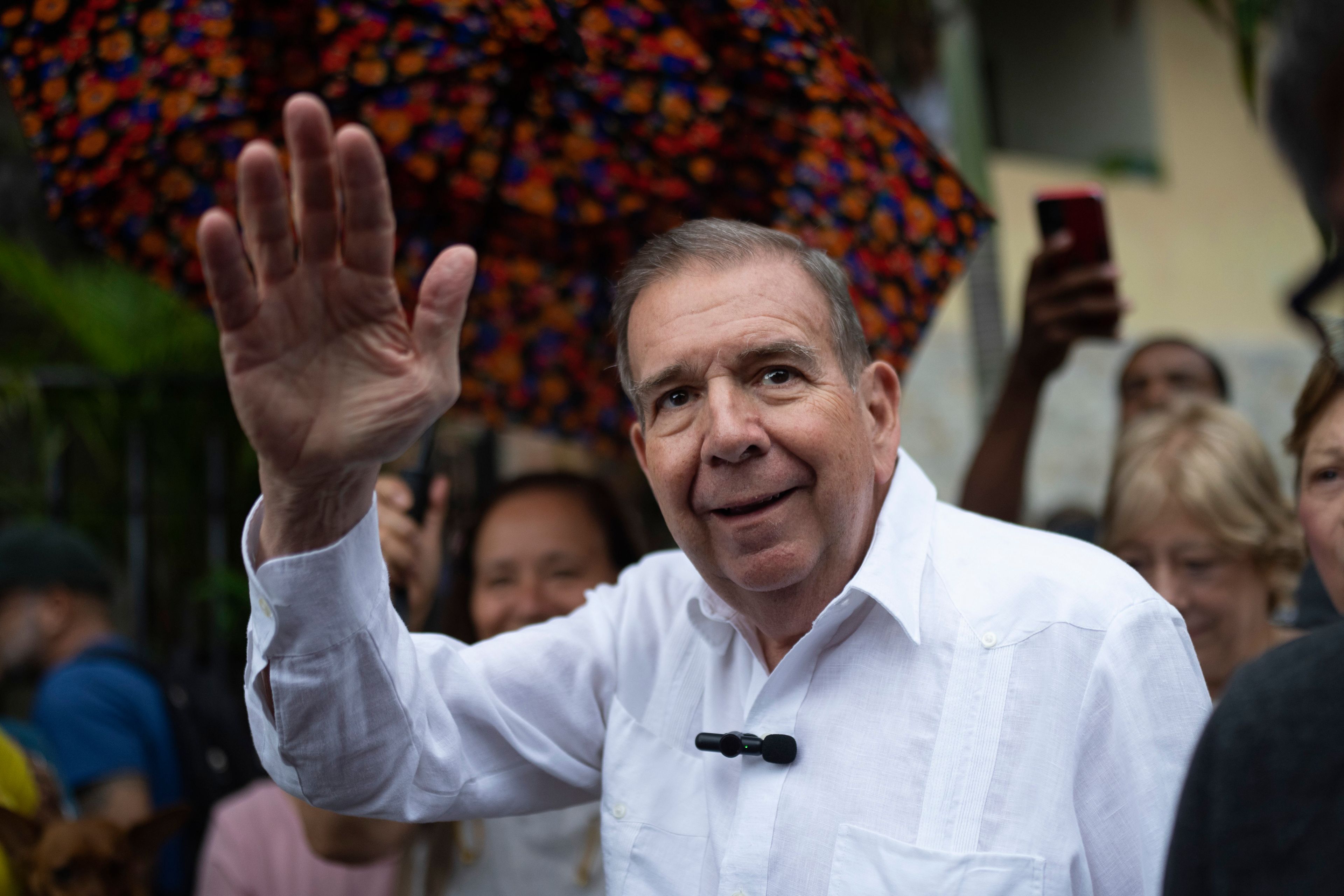 FILE - Venezuelan opposition presidential candidate Edmundo Gonzalez waves to supporters during a political event at a square in the Hatillo municipality of Caracas, Venezuela, June 19, 2024. (AP Photo/Ariana Cubillos, File)