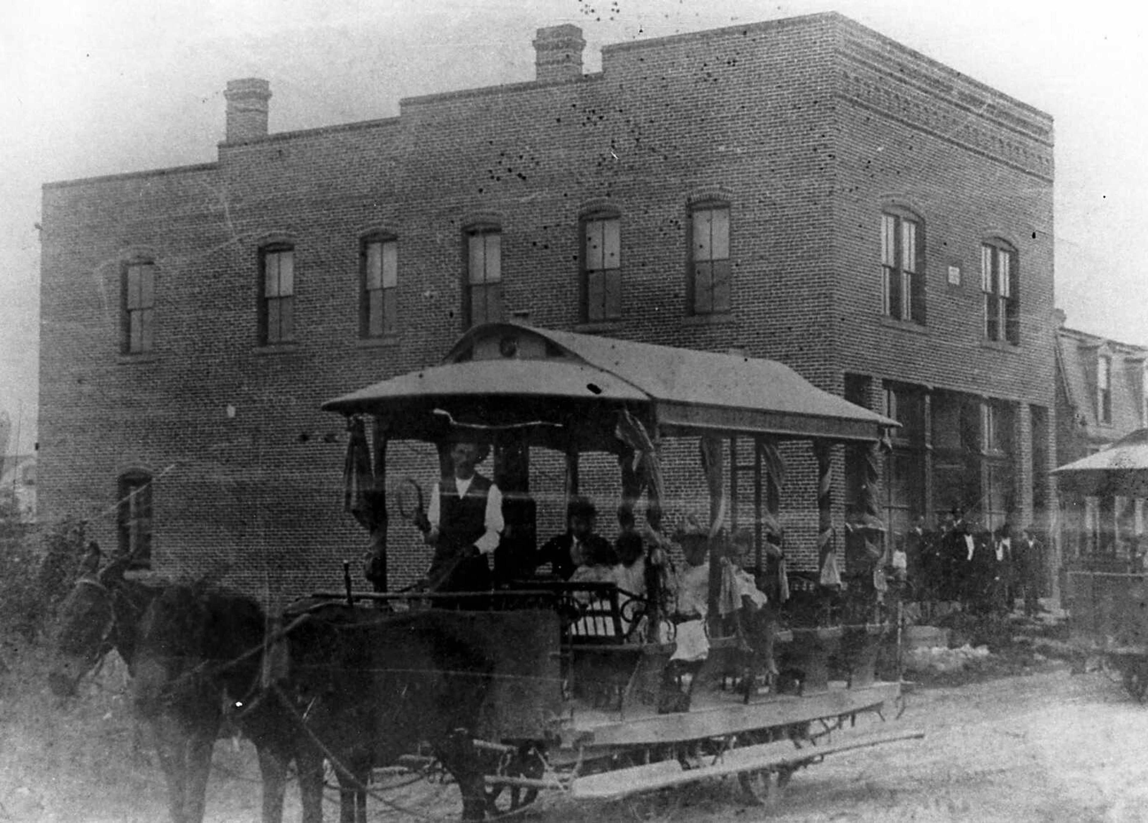 Before the electric street car system began in Cape Girardeau in 1905, the muley cars of the Cape Girardeau Ferry Co. traveled the "big square" around Cape Girardeau: Broadway to Sprigg to Good Hope to Spanish and back.  The car barn was located on Good Hope Street, and a "fleet" of 28 mules was stabled there. (River Heritage Museum)