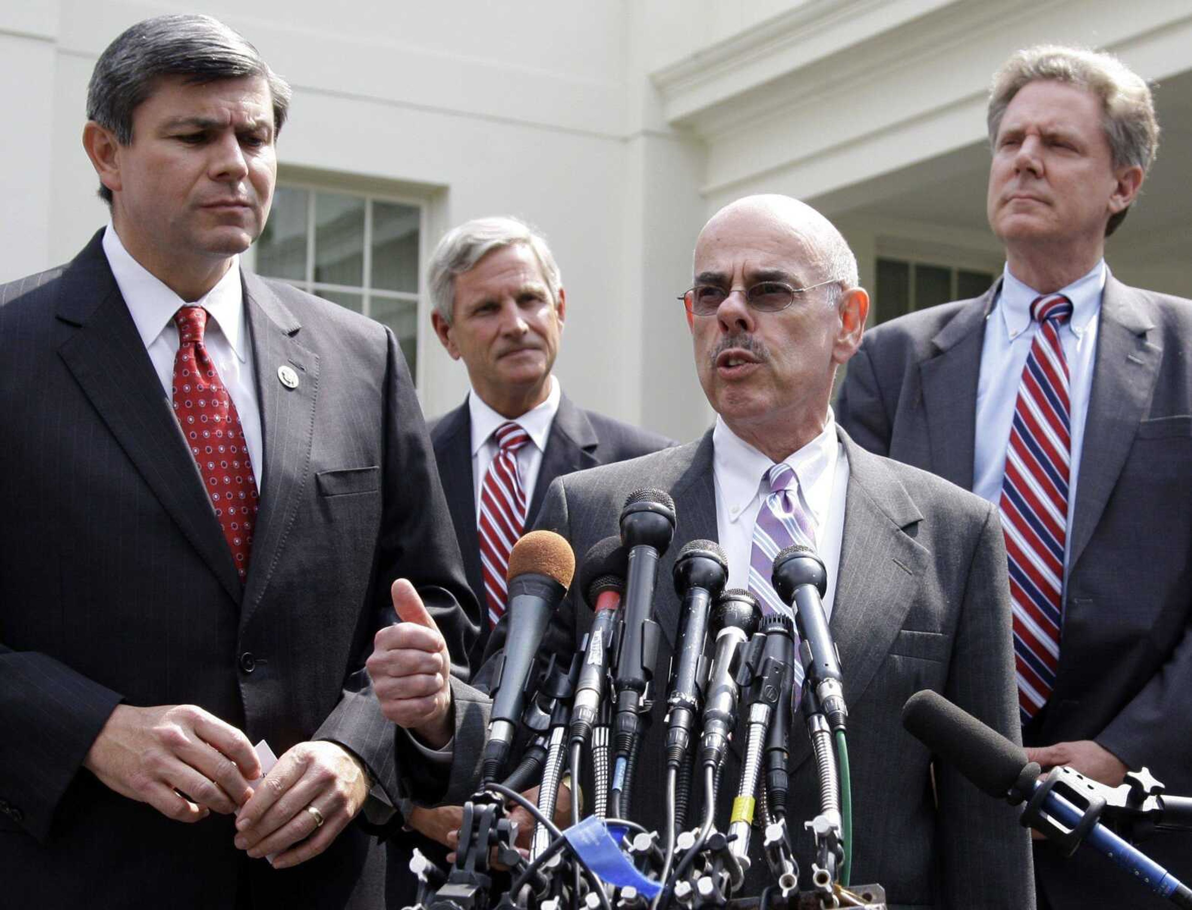 Henry Waxman, D-Calif., speaks after he and other Blue Dog Democrats met with President Obama on Tuesday at the White House. Listening from left are, Rep. Mike Ross, D-Ark., Rep. Baron Hill, D-Ind., and Rep. Frank Pallone, D-N.J. (Alex Brandon ~ Associated Press)