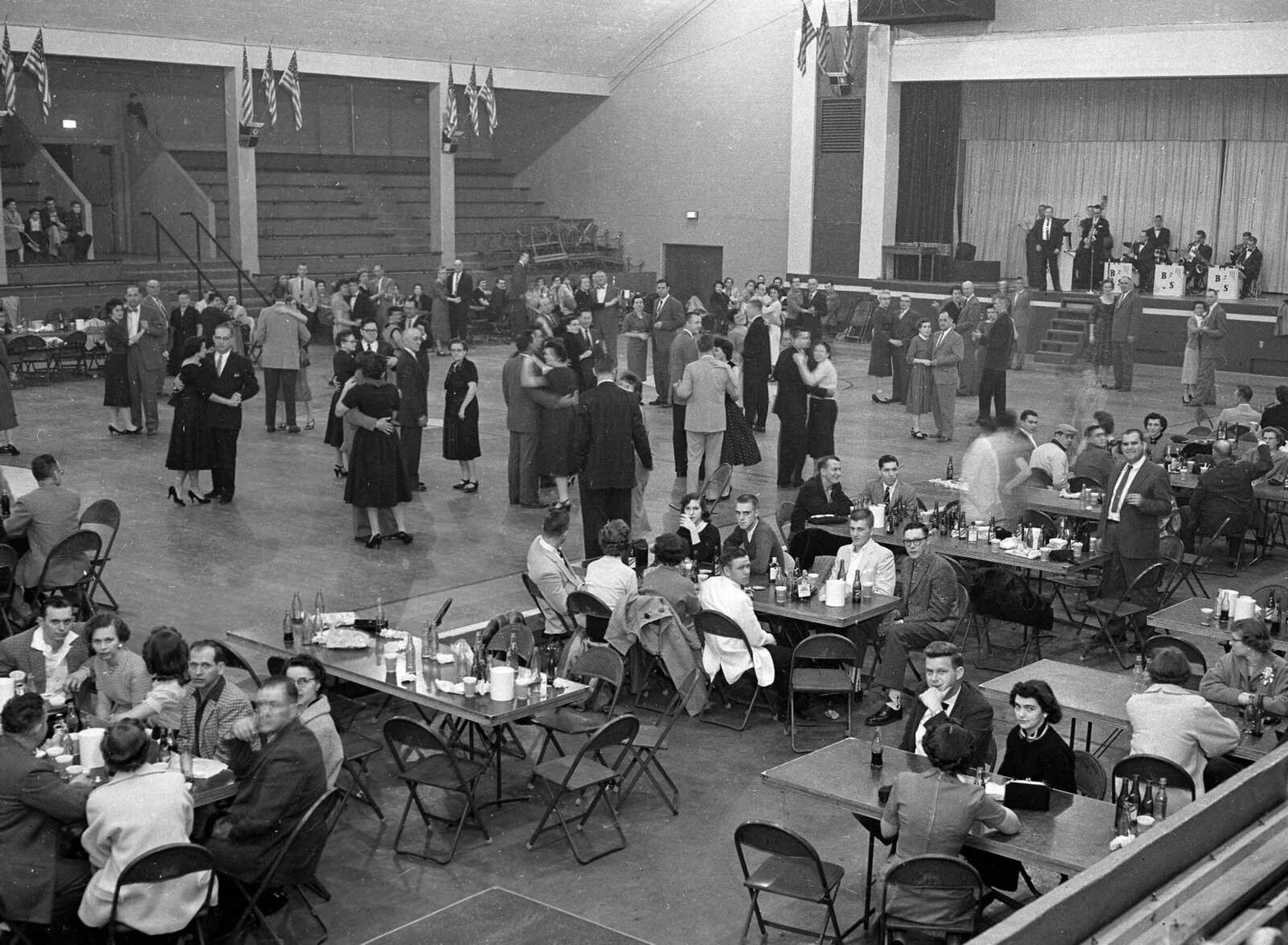 This undated photo shows a dance at the Arena Building in Cape Girardeau. It might have been The Parade of Bands held Nov. 7, 1957 sponsored by The Coffee Drinkers Friendship Club. The band on stage is likely the Bob Sisco band which entertained at the event, as well as The Westerners and the bands of Pete Probst, Jack Kinder, Herb Suedekum and Bob Rosenquist. (G.D. Fronabarger/Southeast Missourian archive)