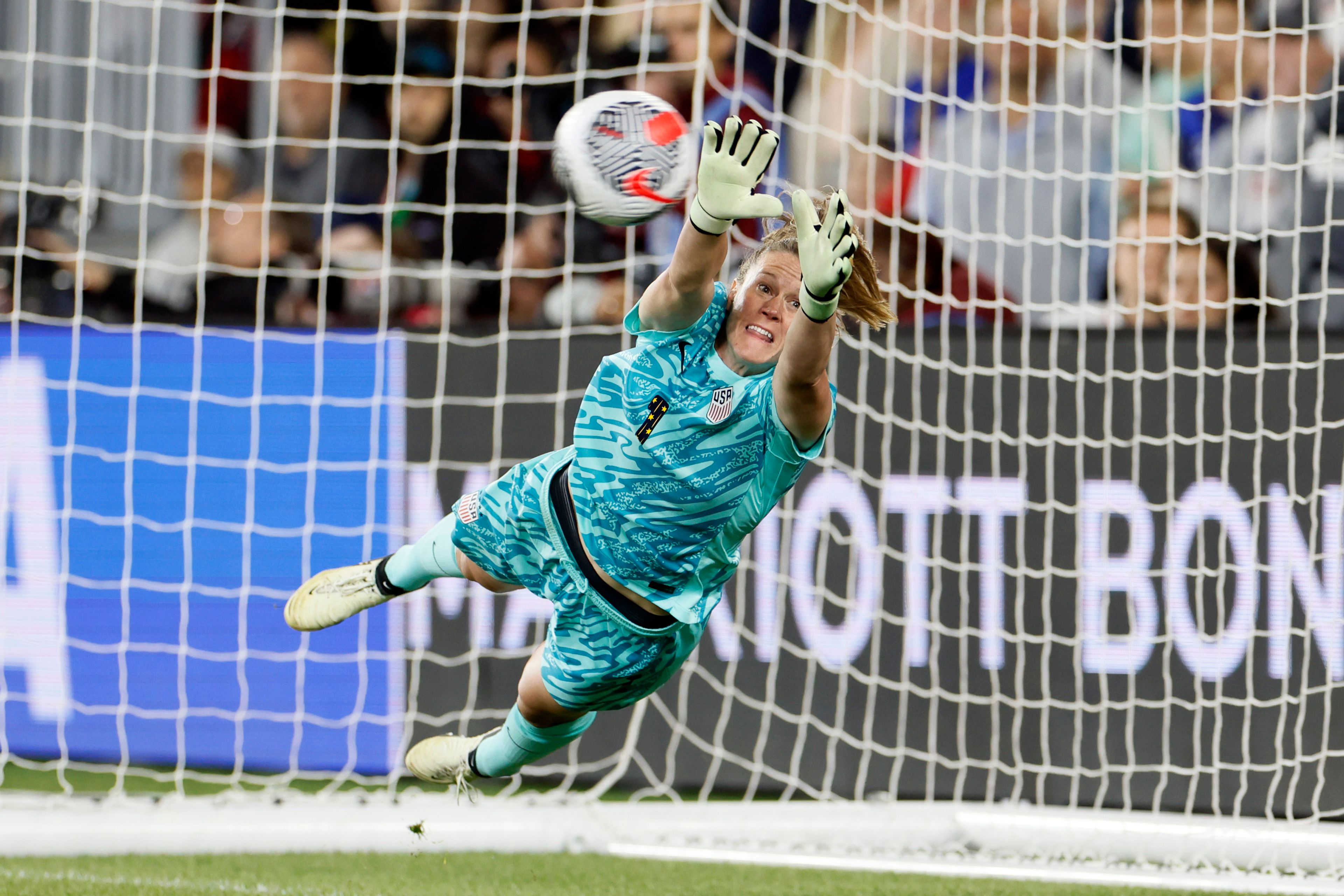 FILE - United States' Alyssa Naeher makes a save against Canada during the shoot out of a SheBelieves Cup women's soccer match Tuesday, April 9, 2024, in Columbus, Ohio. (AP Photo/Jay LaPrete, File)