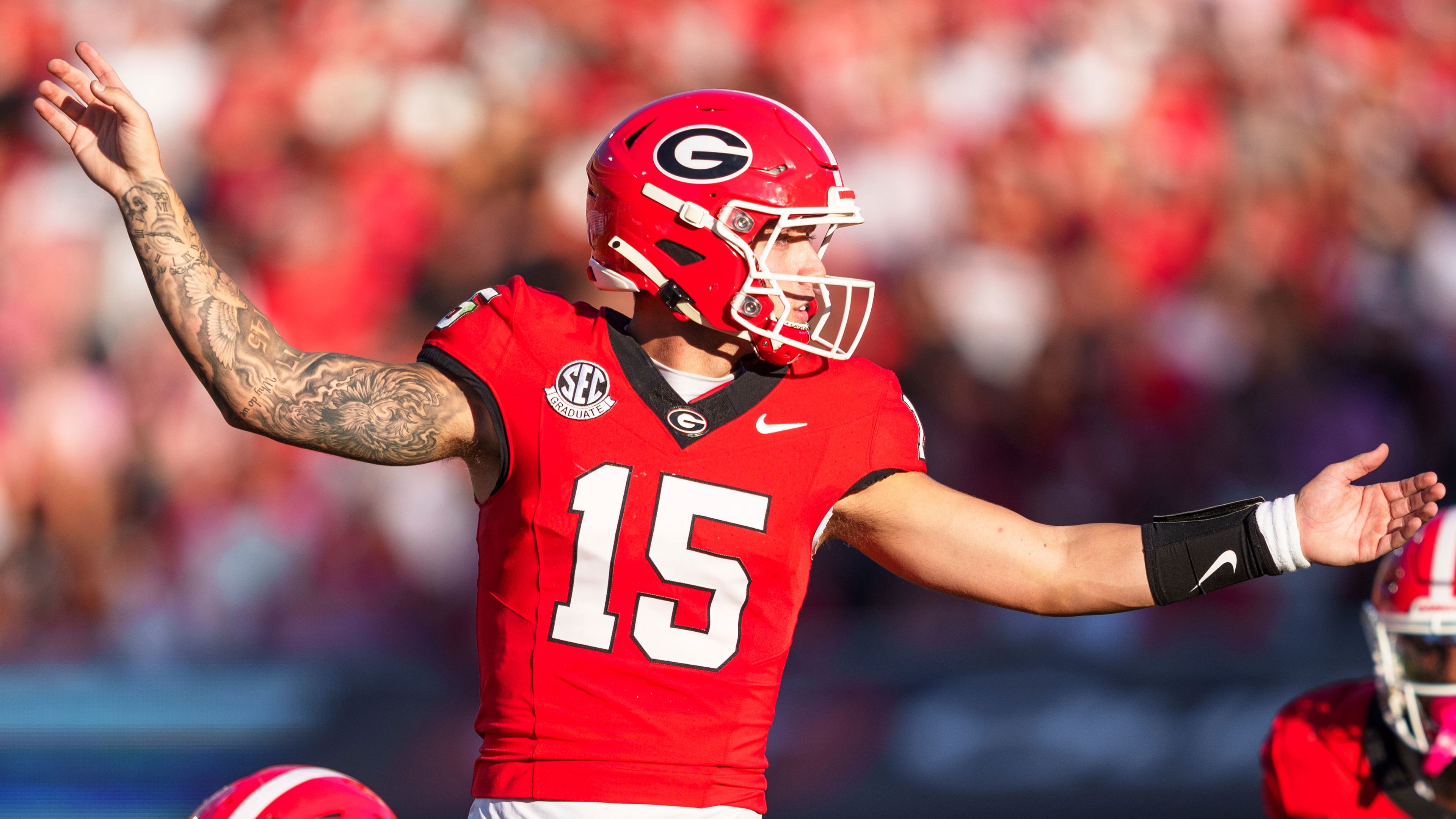 Georgia quarterback Carson Beck (15) calls an audible during an NCAA college football game against Mississippi State, Saturday, Oct. 12, 2024, in Athens, Ga. (AP Photo/Jason Allen)