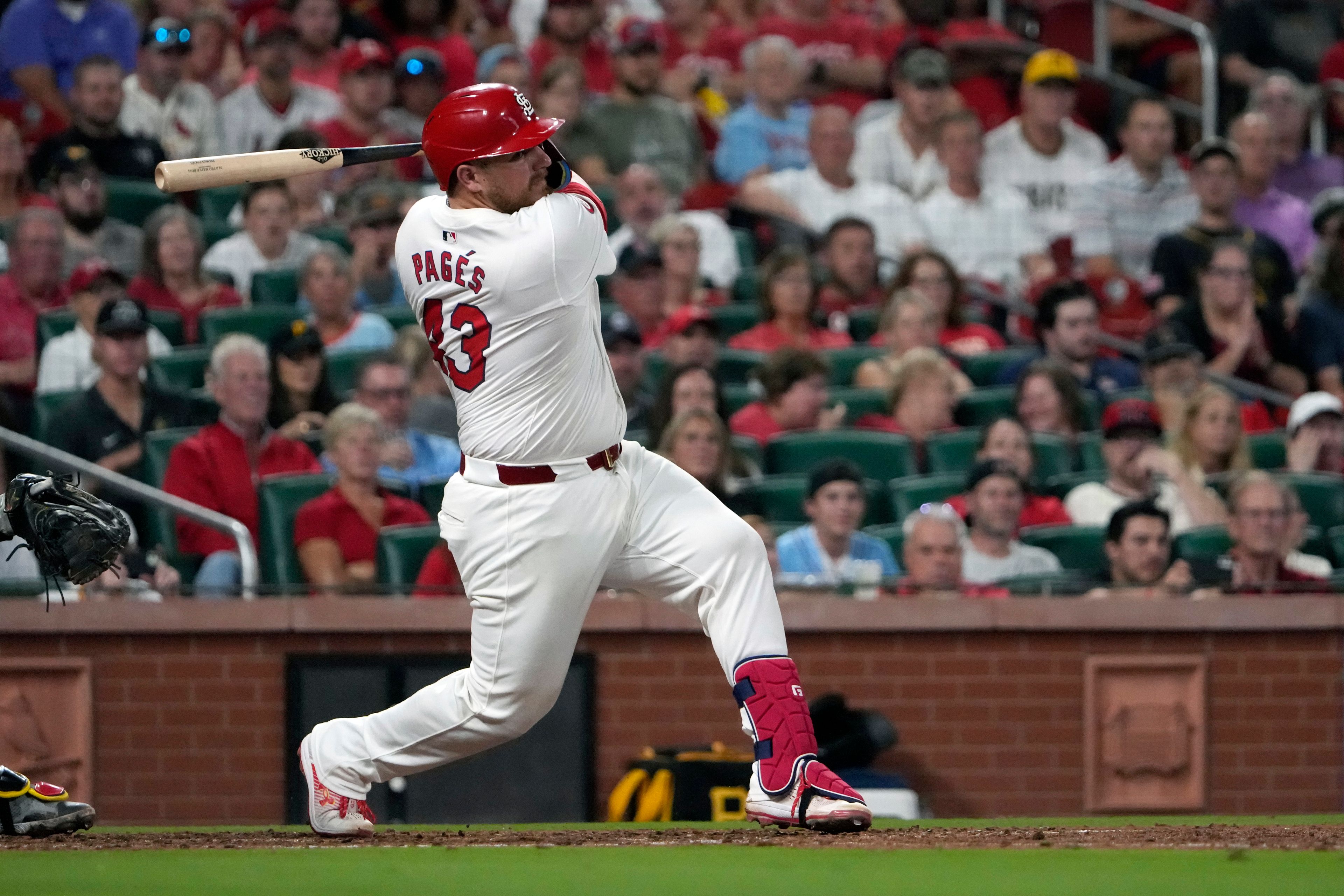 St. Louis Cardinals catcher Pedro Pages follows through on an RBI single during the seventh inning of a baseball game against the Pittsburgh Pirates Monday, Sept. 16, 2024, in St. Louis. (AP Photo/Jeff Roberson)