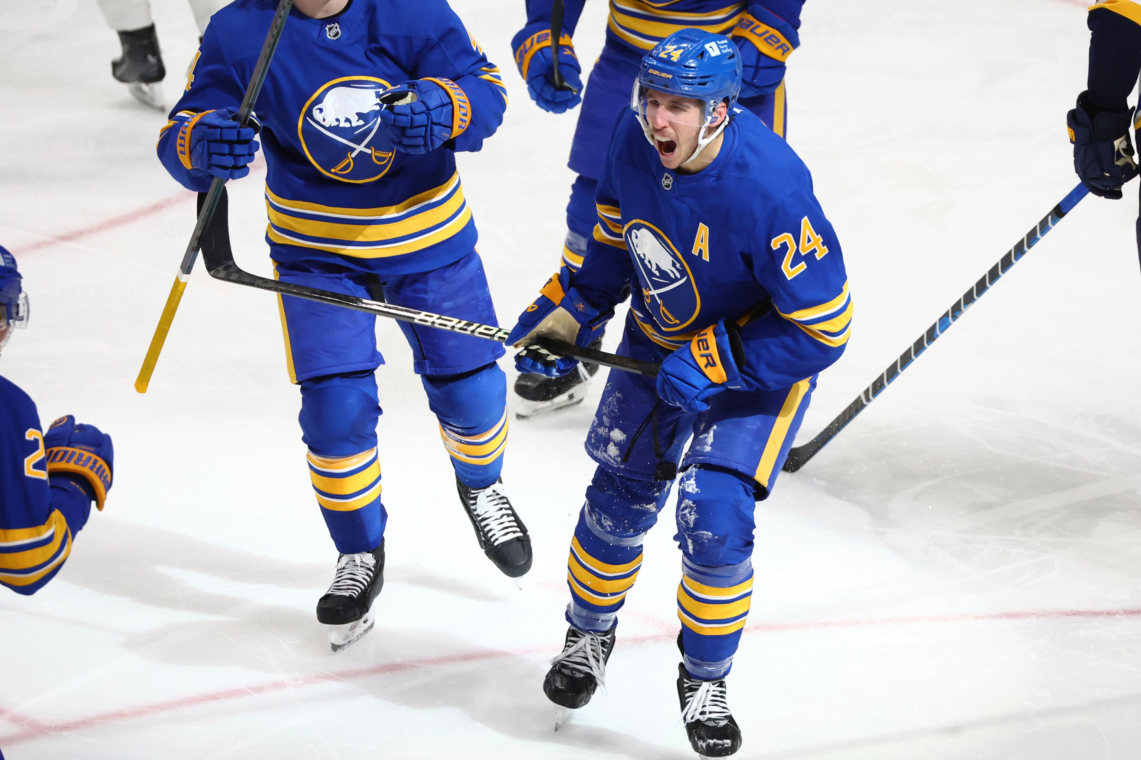 Buffalo Sabres center Dylan Cozens (24) celebrates after his goal, which was later called back for goaltender interference, during the third period of an NHL hockey game against the St. Louis Blues, Thursday, Nov. 14, 2024, in Buffalo, N.Y. (AP Photo/Jeffrey T. Barnes)