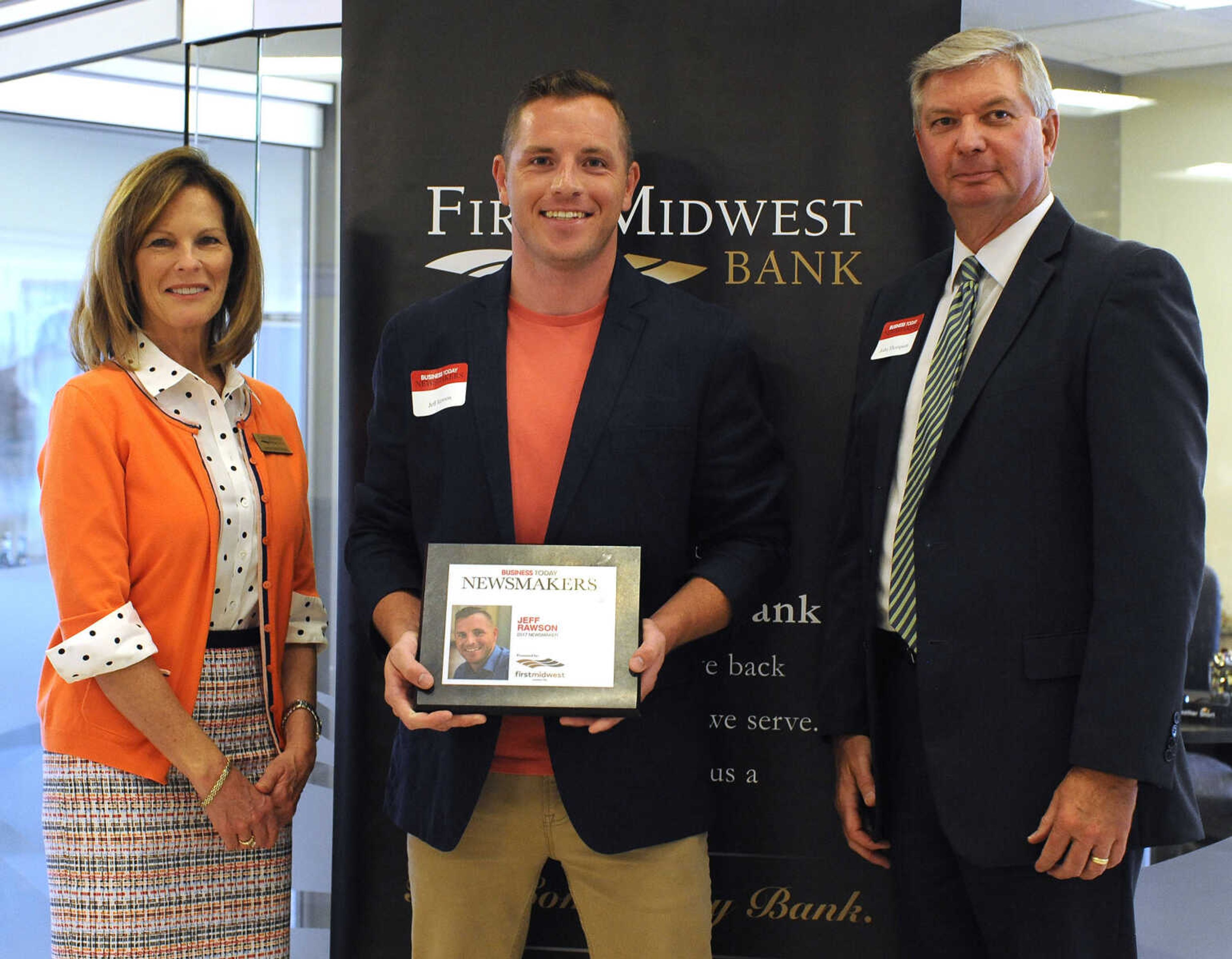 FRED LYNCH ~ flynch@semissourian.com
Jeff Rawson poses for a photo with Kathy Bertrand, First Midwest Bank community bank president, Cape Girardeau, and John N. Thompson, First Midwest Bank community bank president, Jackson, Wednesday, Sept. 6, 2017 during the Business Today Newsmakers awards reception at First Midwest Bank in Cape Girardeau.