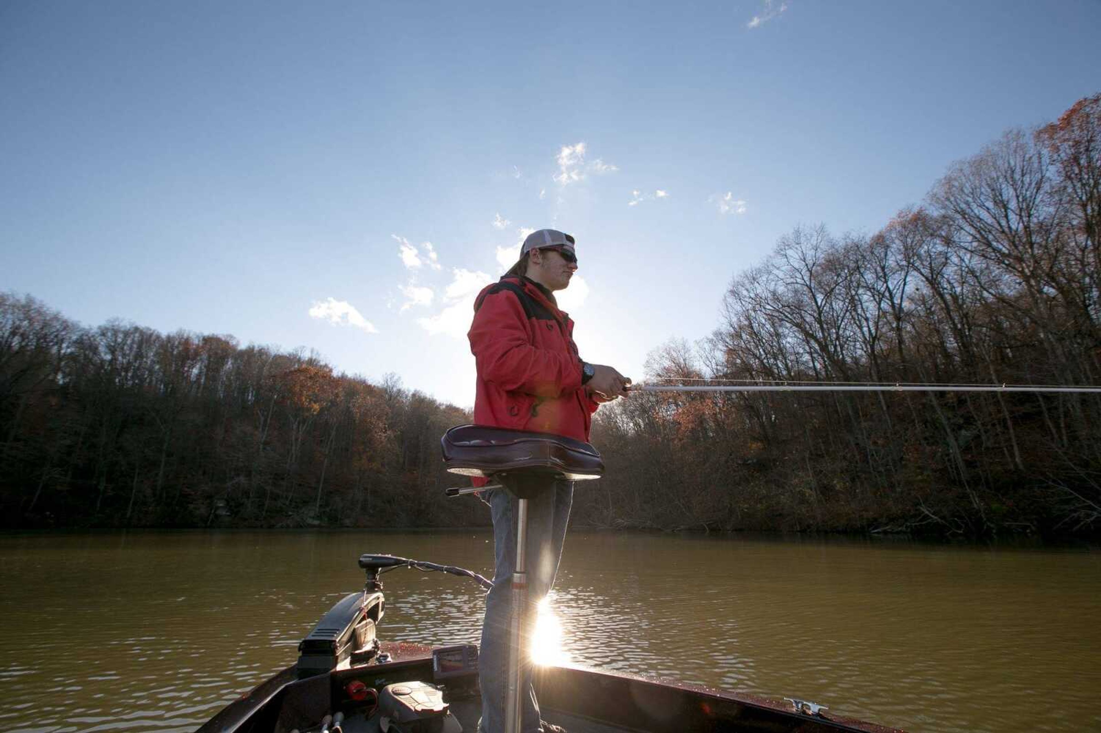 Luke Brozovich, a member of the Southeast Missouri State Bass Anglers club reels in after a cast while fishing Kinkaid Lake in Illinois Wednesday afternoon, Nov. 18, 2015. (Glenn Landberg)